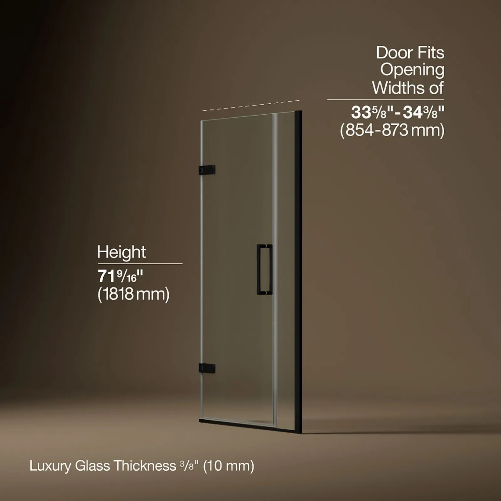 33-5/8"-34-3/8" W x 71-9/16" H pivot shower door with 3/8"-thick Crystal Clear glass^Kohler Clearance