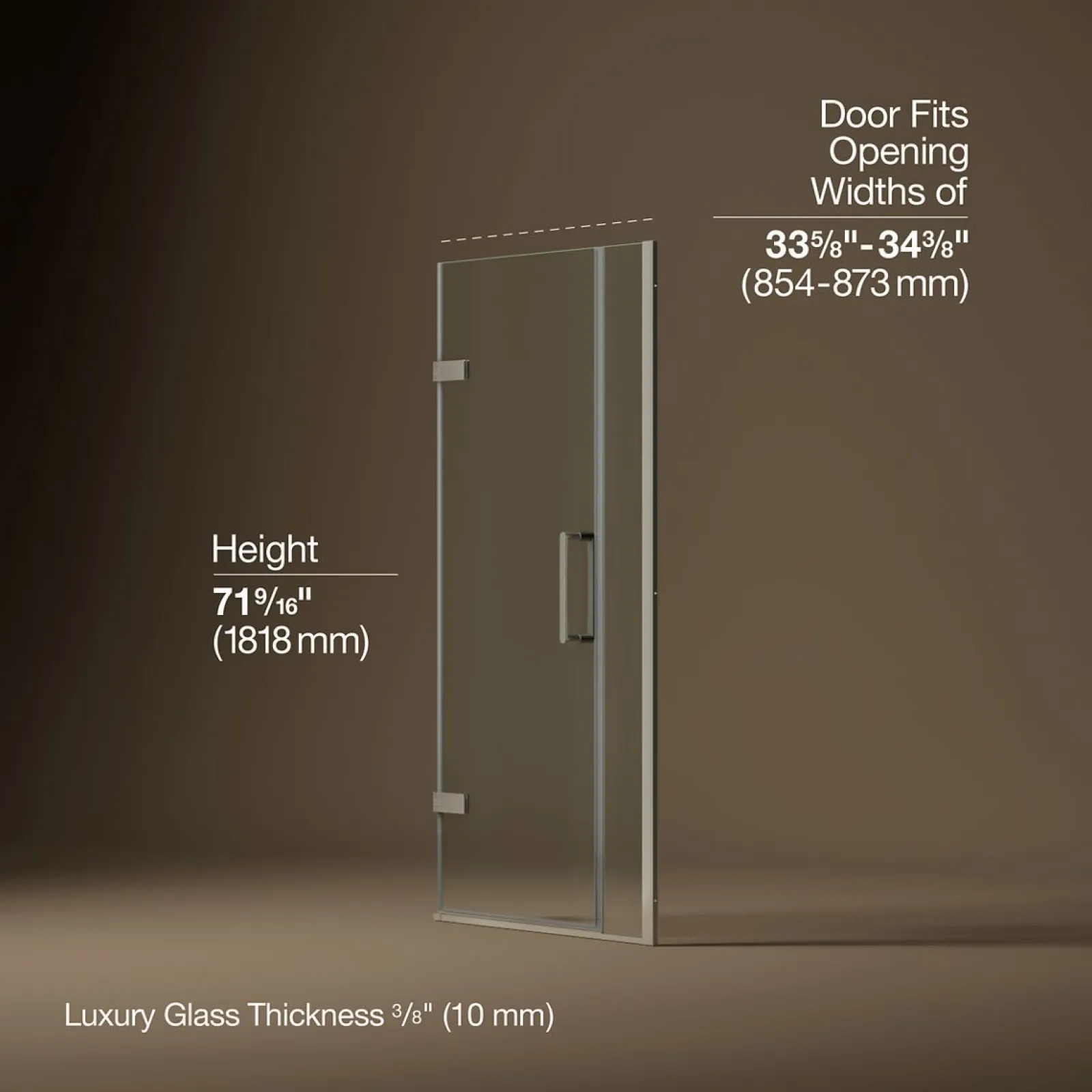 33-5/8"-34-3/8" W x 71-9/16" H pivot shower door with 3/8"-thick Crystal Clear glass^Kohler Clearance