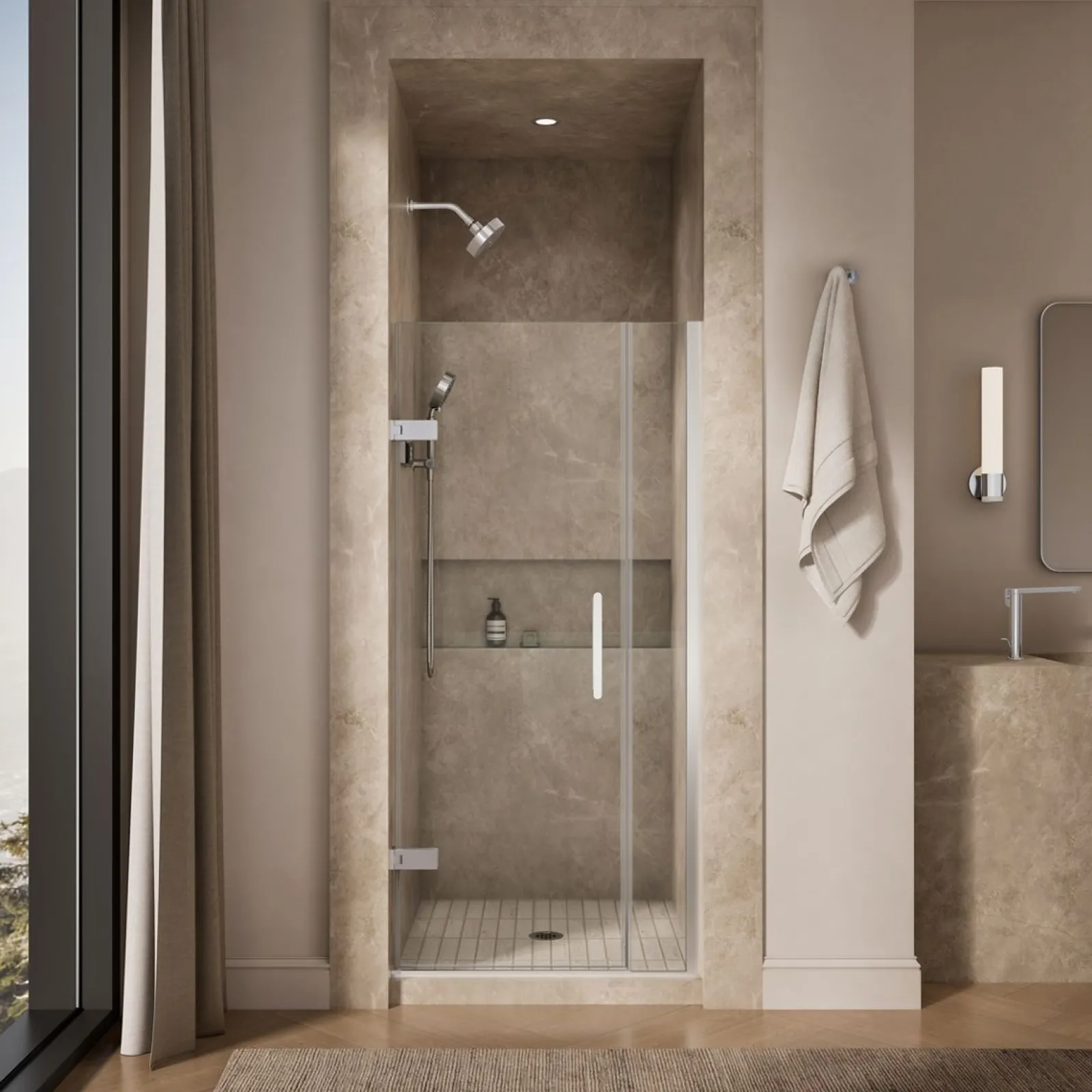 33-5/8"-34-3/8" W x 71-9/16" H pivot shower door with 3/8"-thick Crystal Clear glass^Kohler Clearance