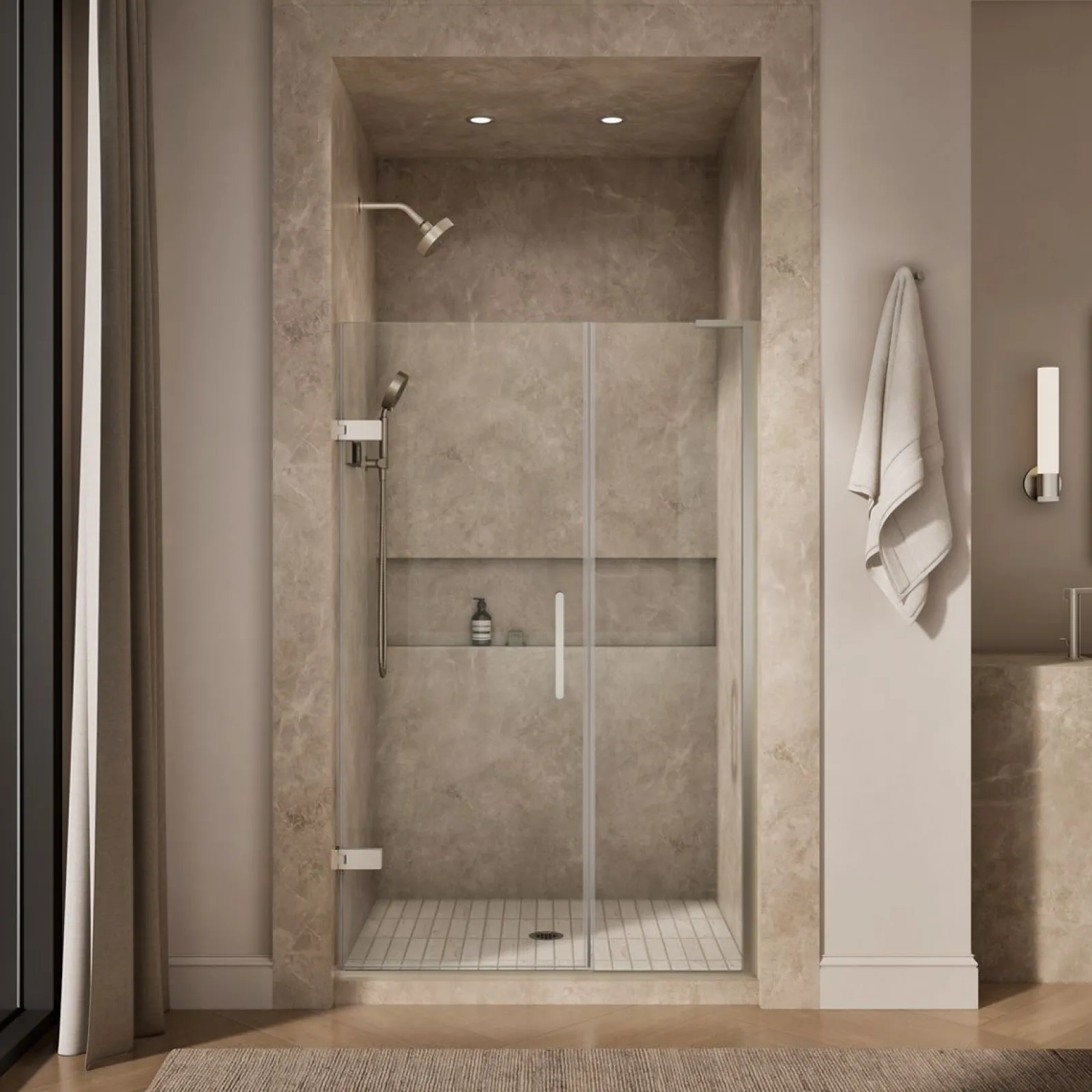 45-1/4"-46" W x 71-3/4" H pivot shower door with 3/8"-thick Crystal Clear glass^Kohler New