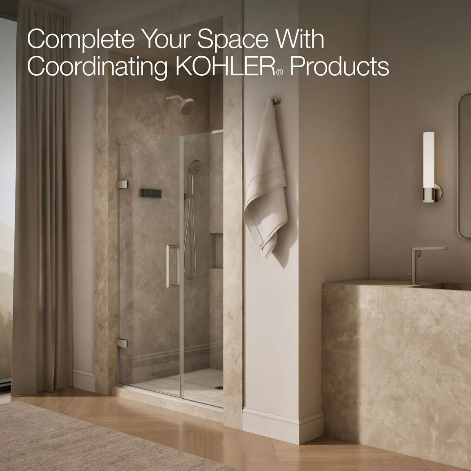 45-1/4"-46" W x 71-3/4" H pivot shower door with 3/8"-thick Crystal Clear glass^Kohler New