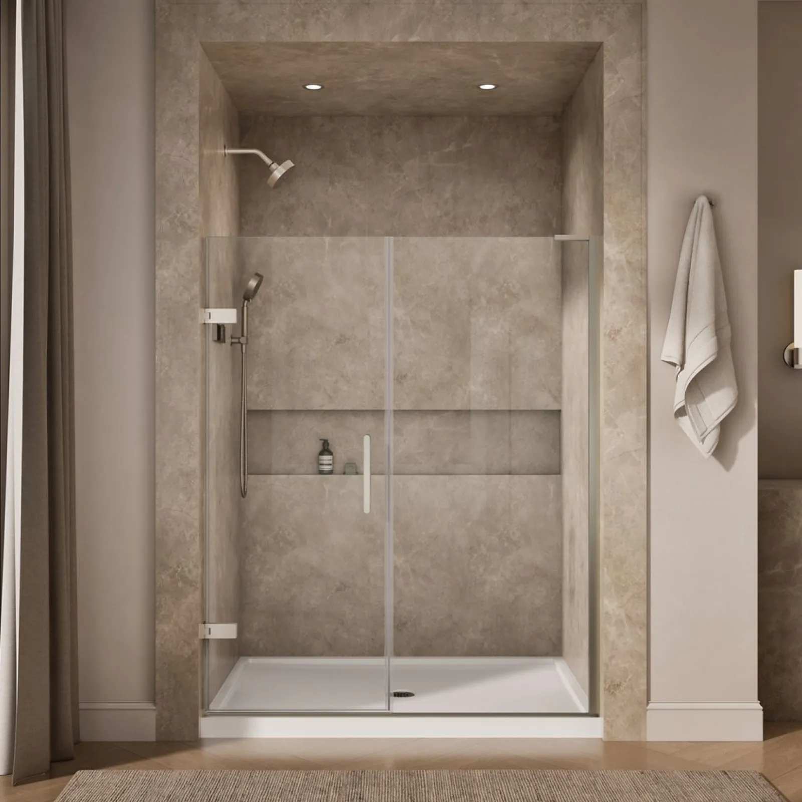 57-1/4"-58" W x 71-3/4" H pivot shower door with 3/8"-thick Crystal Clear glass^Kohler Hot