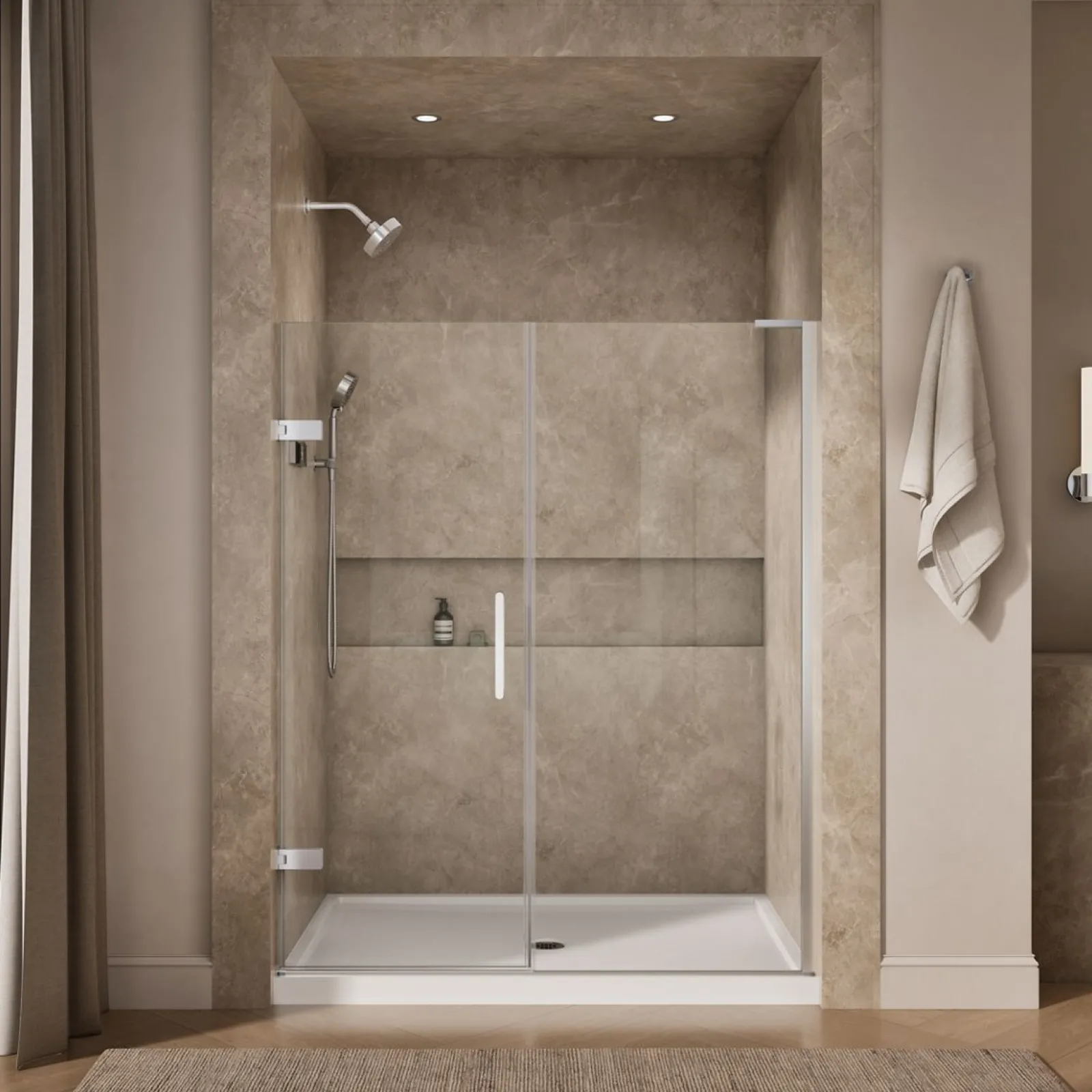 57-1/4"-58" W x 71-3/4" H pivot shower door with 3/8"-thick Crystal Clear glass^Kohler Hot