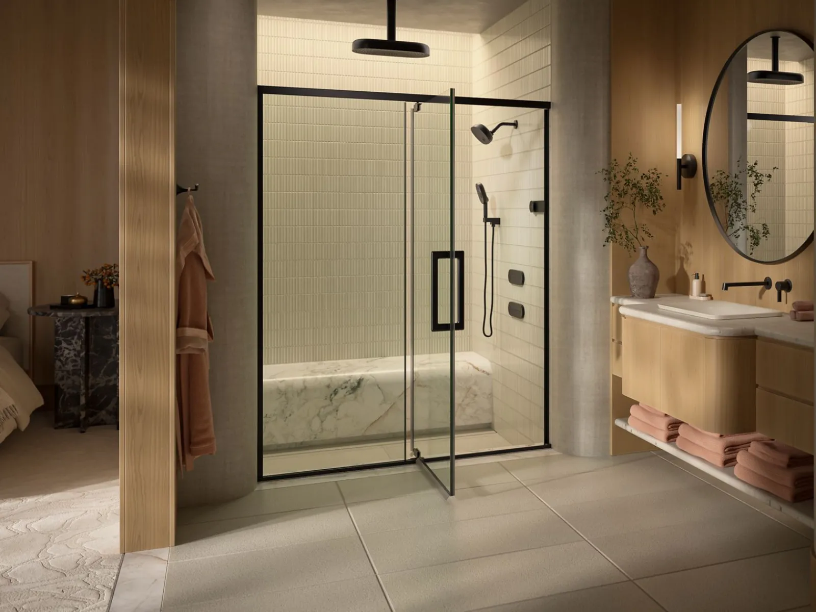 54"-60" W x 76" H pivot shower door with 5/16"-thick Crystal Clear glass^Kohler Discount
