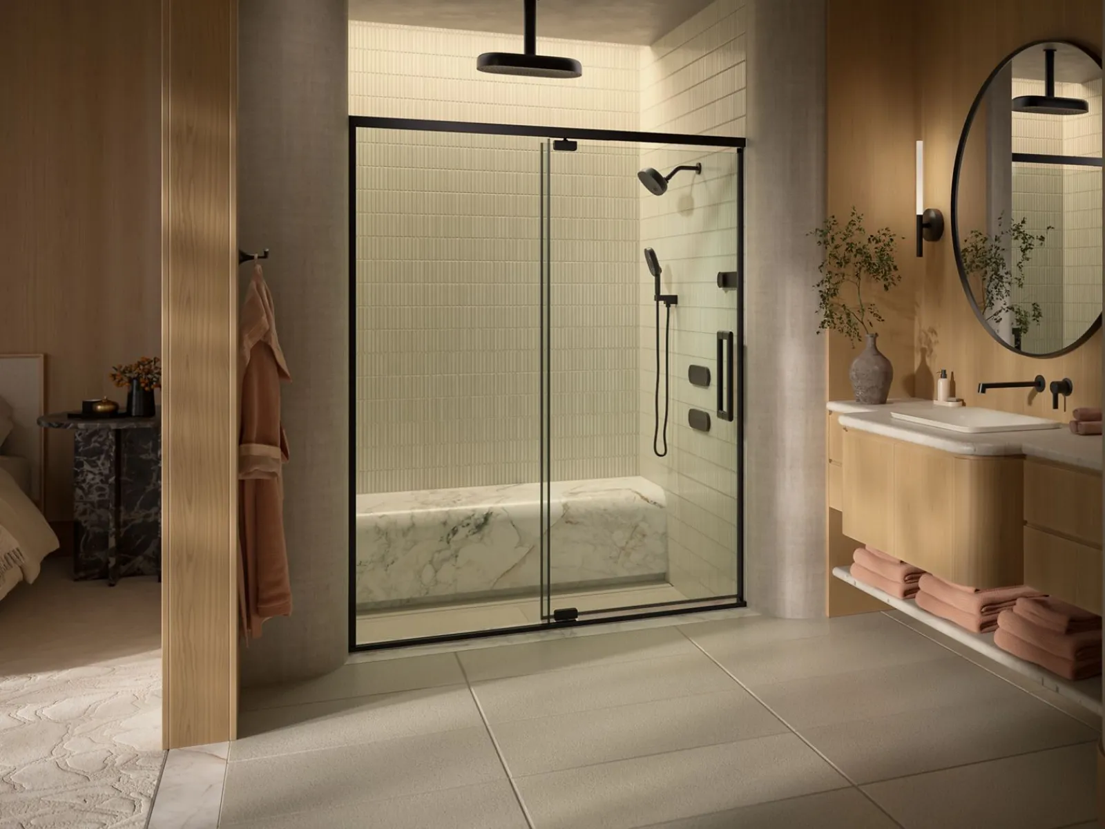 54"-60" W x 76" H pivot shower door with 5/16"-thick Crystal Clear glass^Kohler Discount
