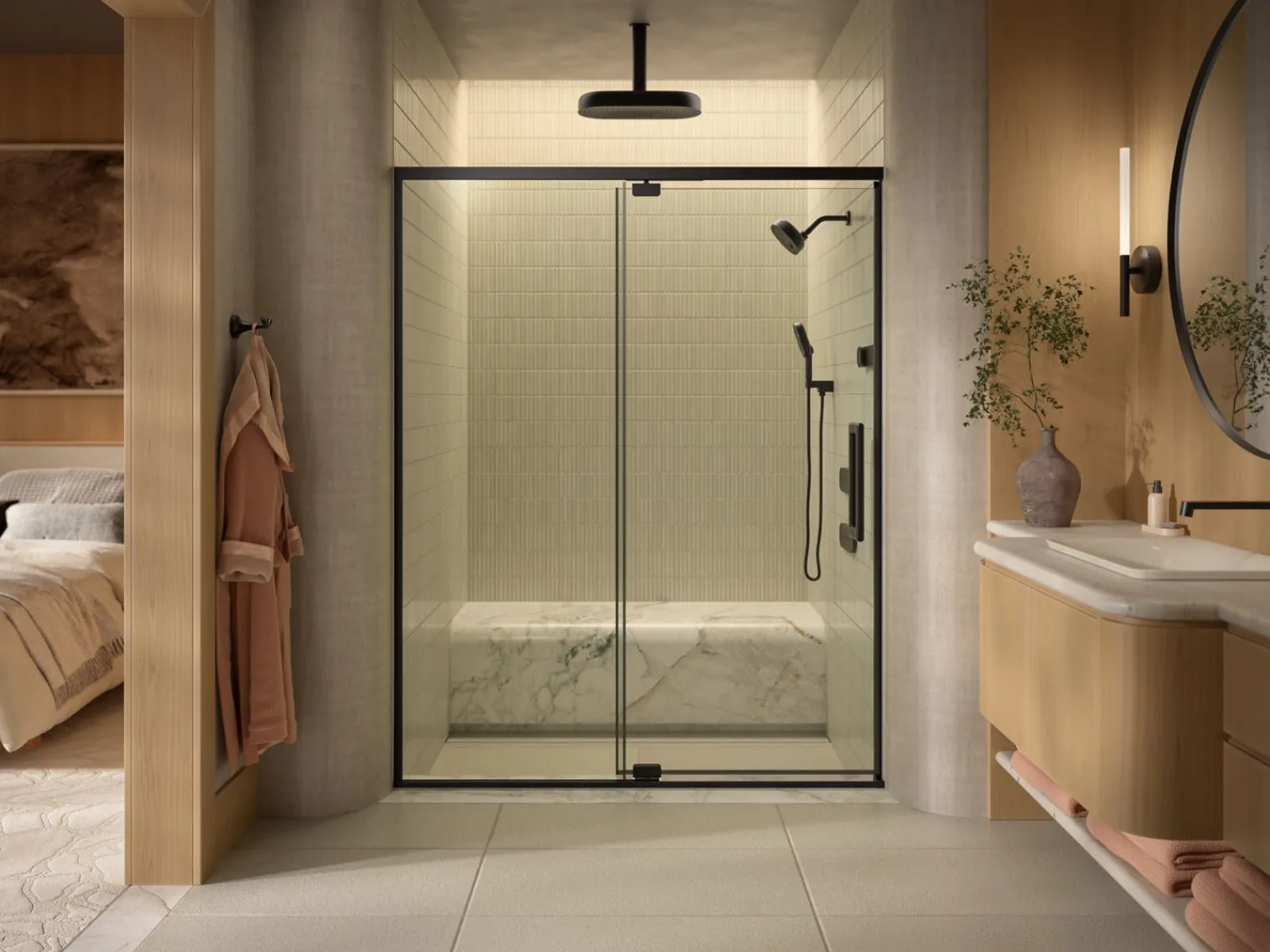 54"-60" W x 76" H pivot shower door with 5/16"-thick Crystal Clear glass^Kohler Discount