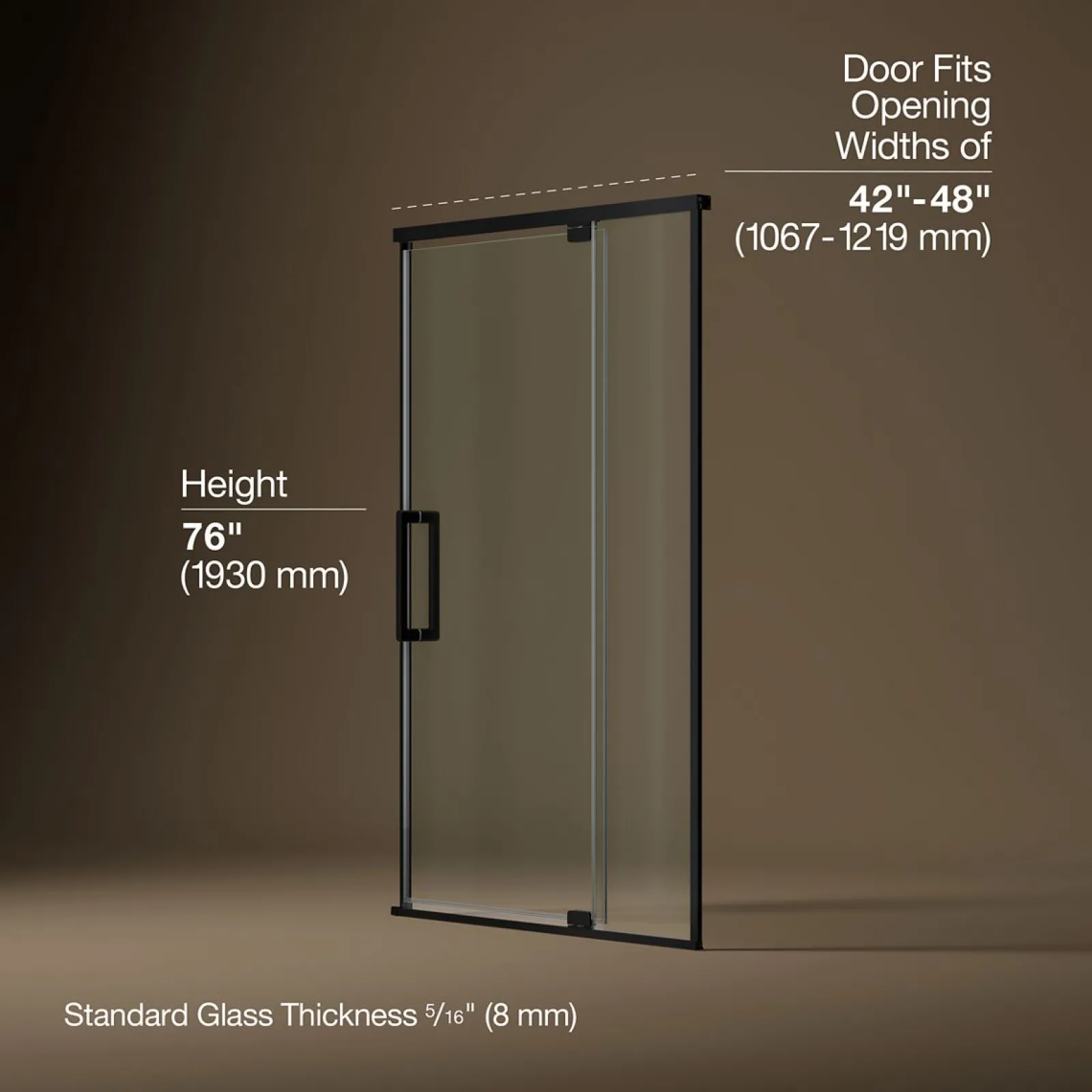 42"-48" W x 76" H pivot shower door with 5/16"-thick Crystal Clear glass^Kohler Best