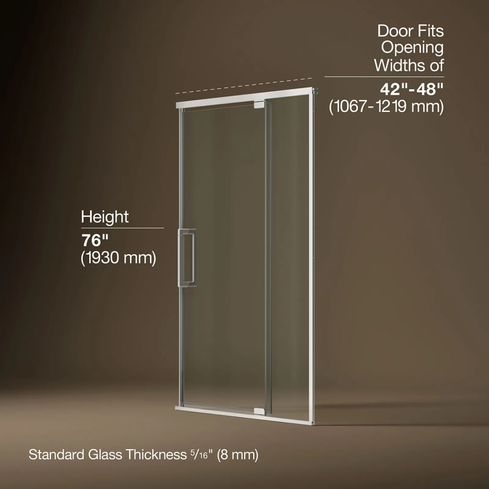42"-48" W x 76" H pivot shower door with 5/16"-thick Crystal Clear glass^Kohler Best