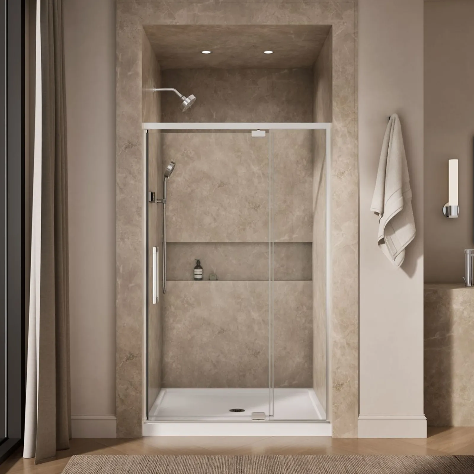 42"-48" W x 76" H pivot shower door with 5/16"-thick Crystal Clear glass^Kohler New