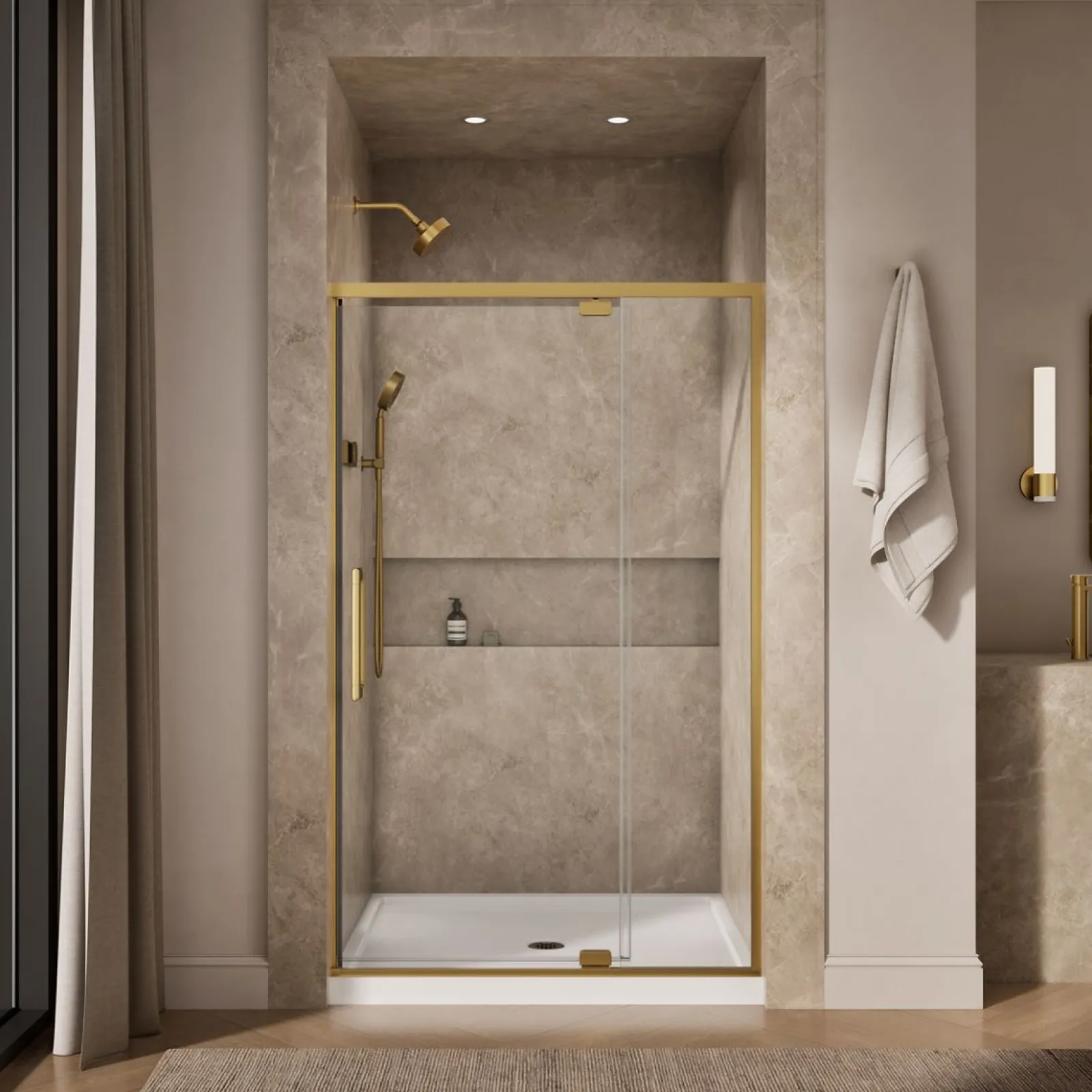 42"-48" W x 76" H pivot shower door with 5/16"-thick Crystal Clear glass^Kohler New