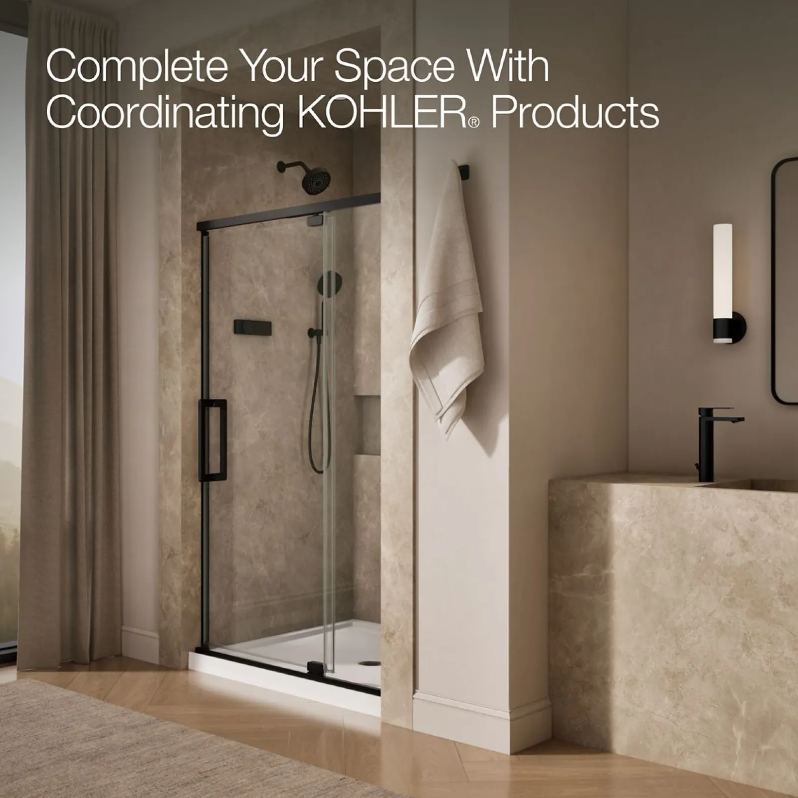 42"-48" W x 76" H pivot shower door with 5/16"-thick Crystal Clear glass^Kohler New