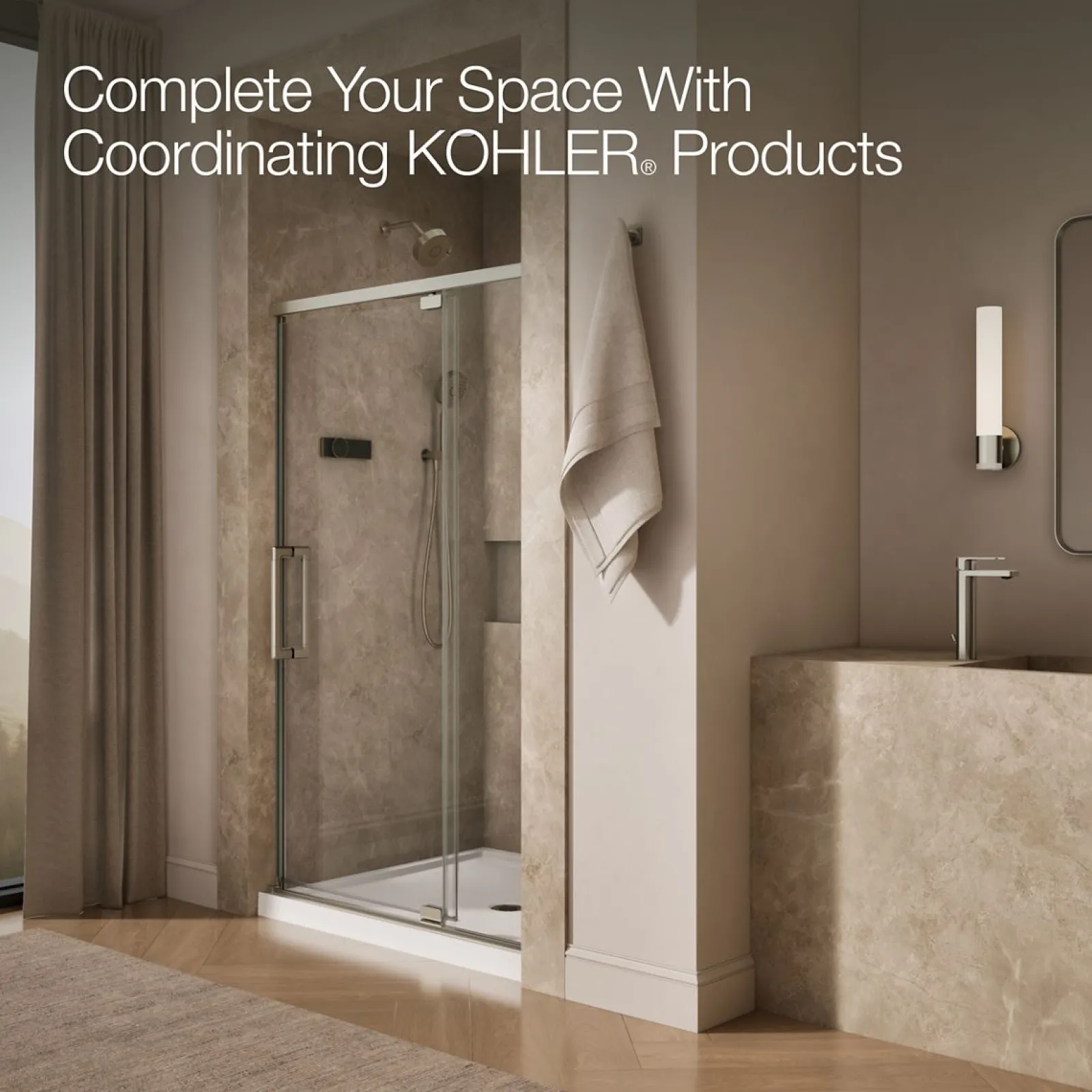 42"-48" W x 76" H pivot shower door with 5/16"-thick Crystal Clear glass^Kohler New