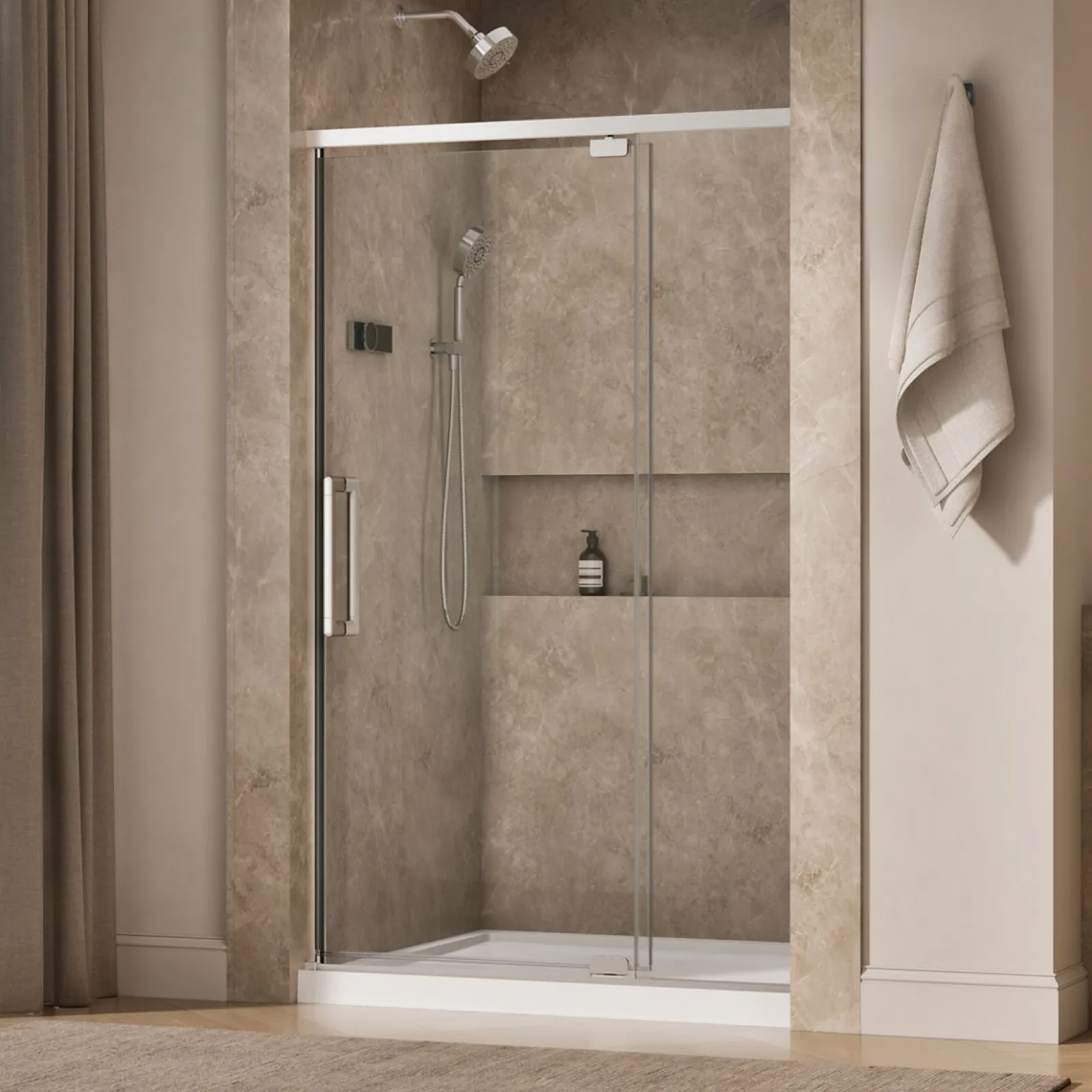 42"-48" W x 76" H pivot shower door with 5/16"-thick Crystal Clear glass^Kohler New