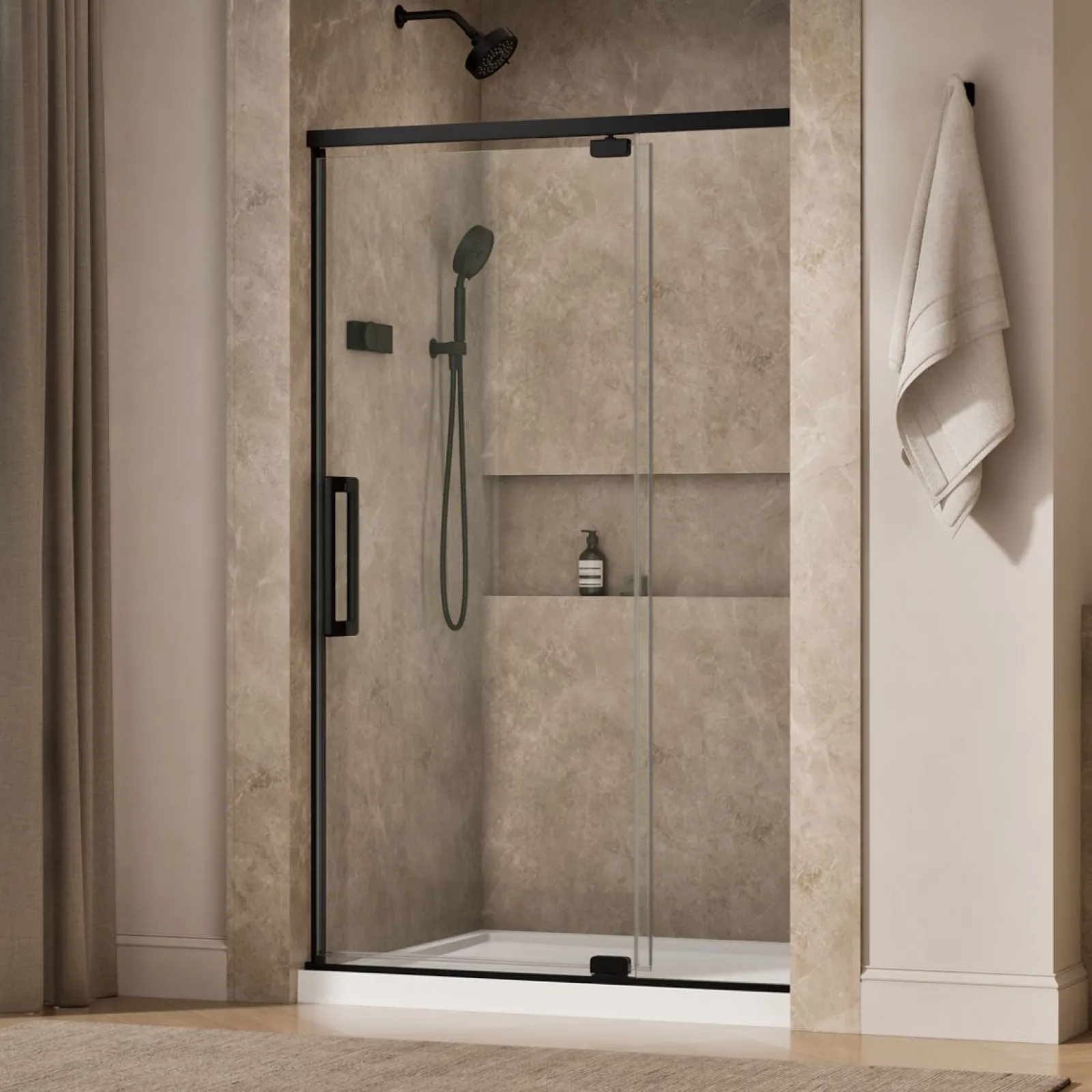 42"-48" W x 76" H pivot shower door with 5/16"-thick Crystal Clear glass^Kohler New