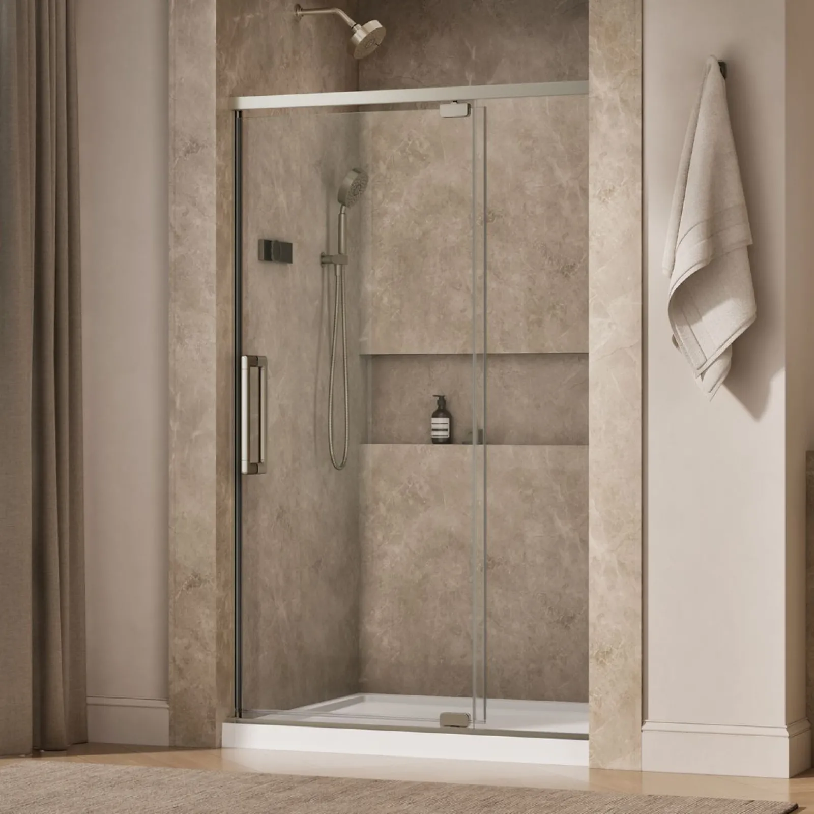 42"-48" W x 76" H pivot shower door with 5/16"-thick Crystal Clear glass^Kohler New