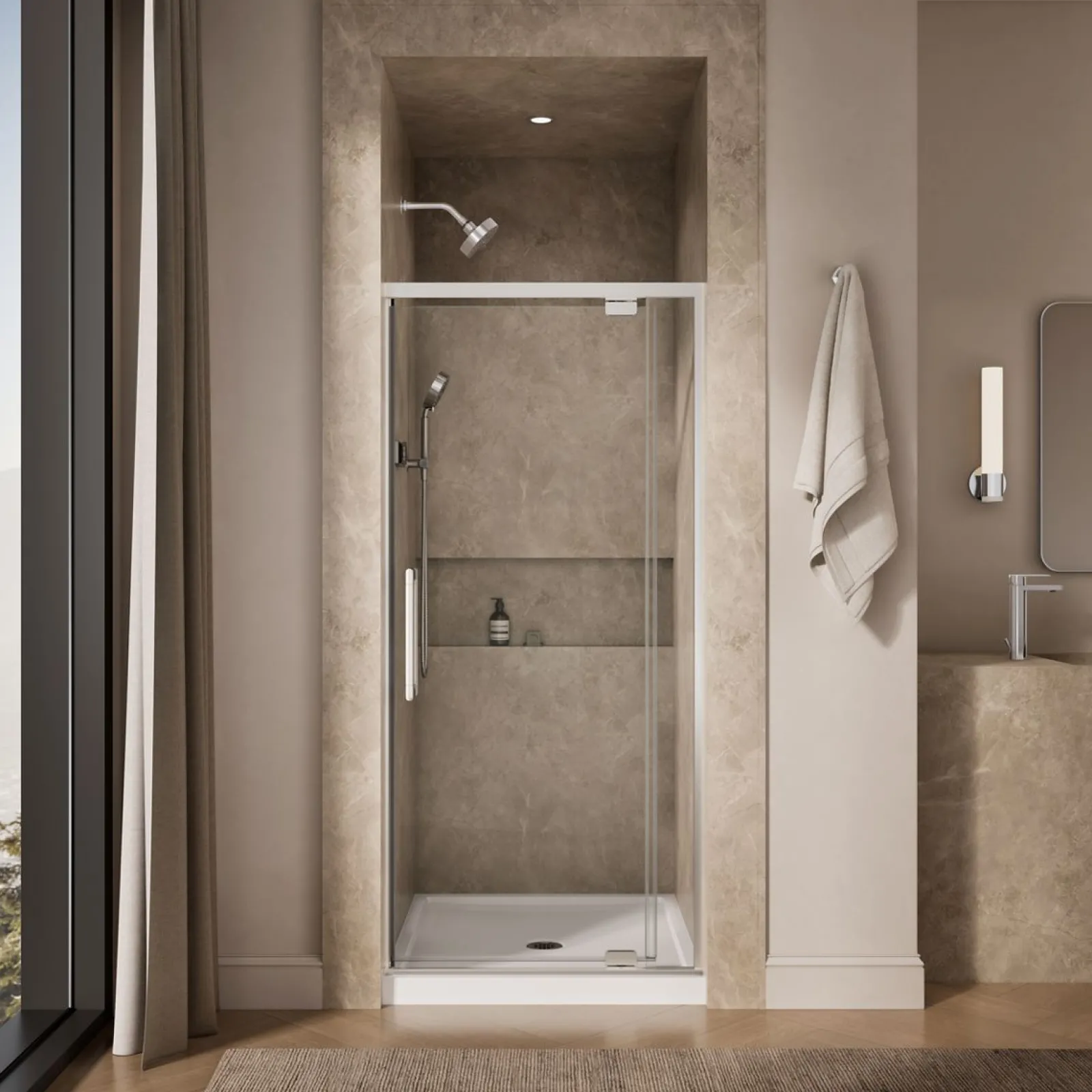 32"-36" W x 76" H pivot shower door with 5/16"-thick Crystal Clear glass^Kohler Clearance