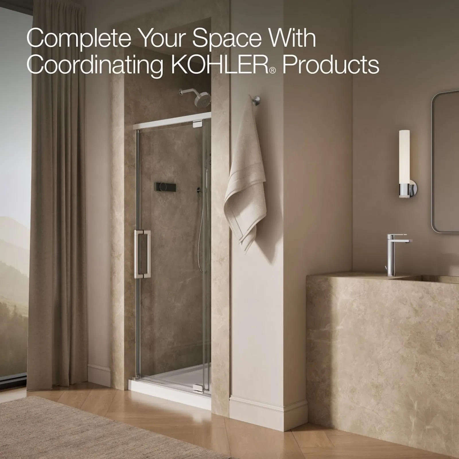 32"-36" W x 76" H pivot shower door with 5/16"-thick Crystal Clear glass^Kohler Clearance