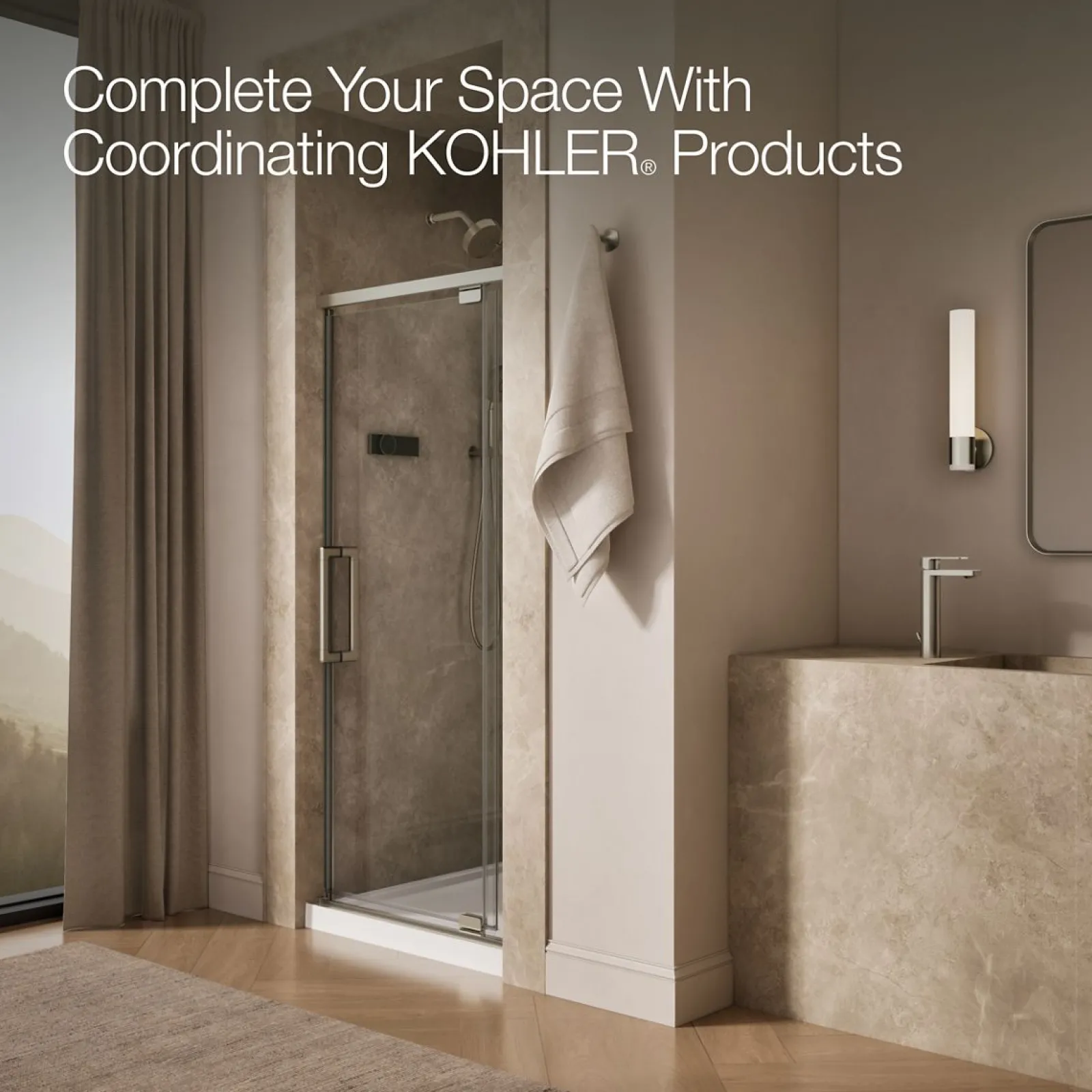 32"-36" W x 76" H pivot shower door with 5/16"-thick Crystal Clear glass^Kohler Clearance
