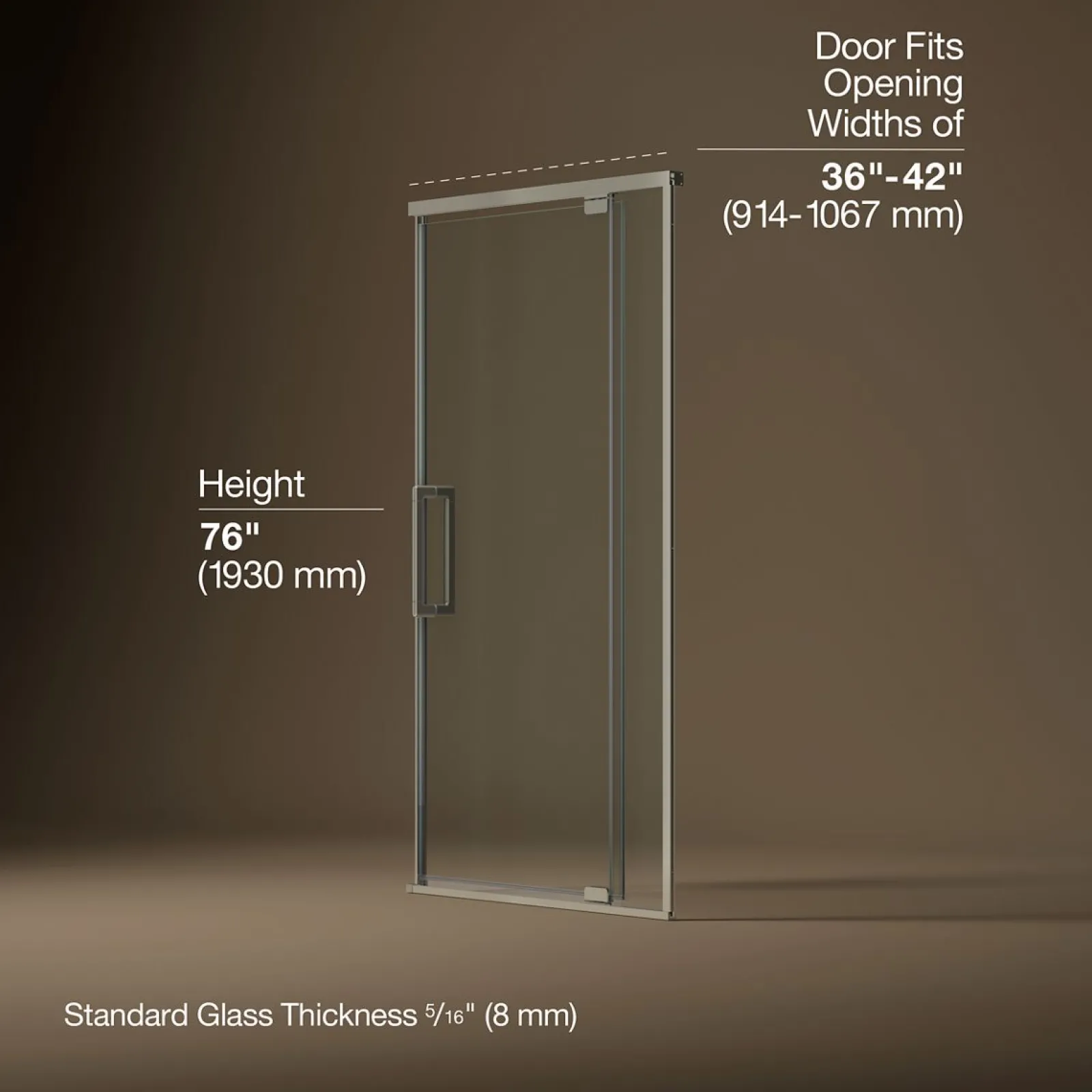 36"-42" W x 76" H pivot shower door with 5/16"-thick Crystal Clear glass^Kohler Outlet