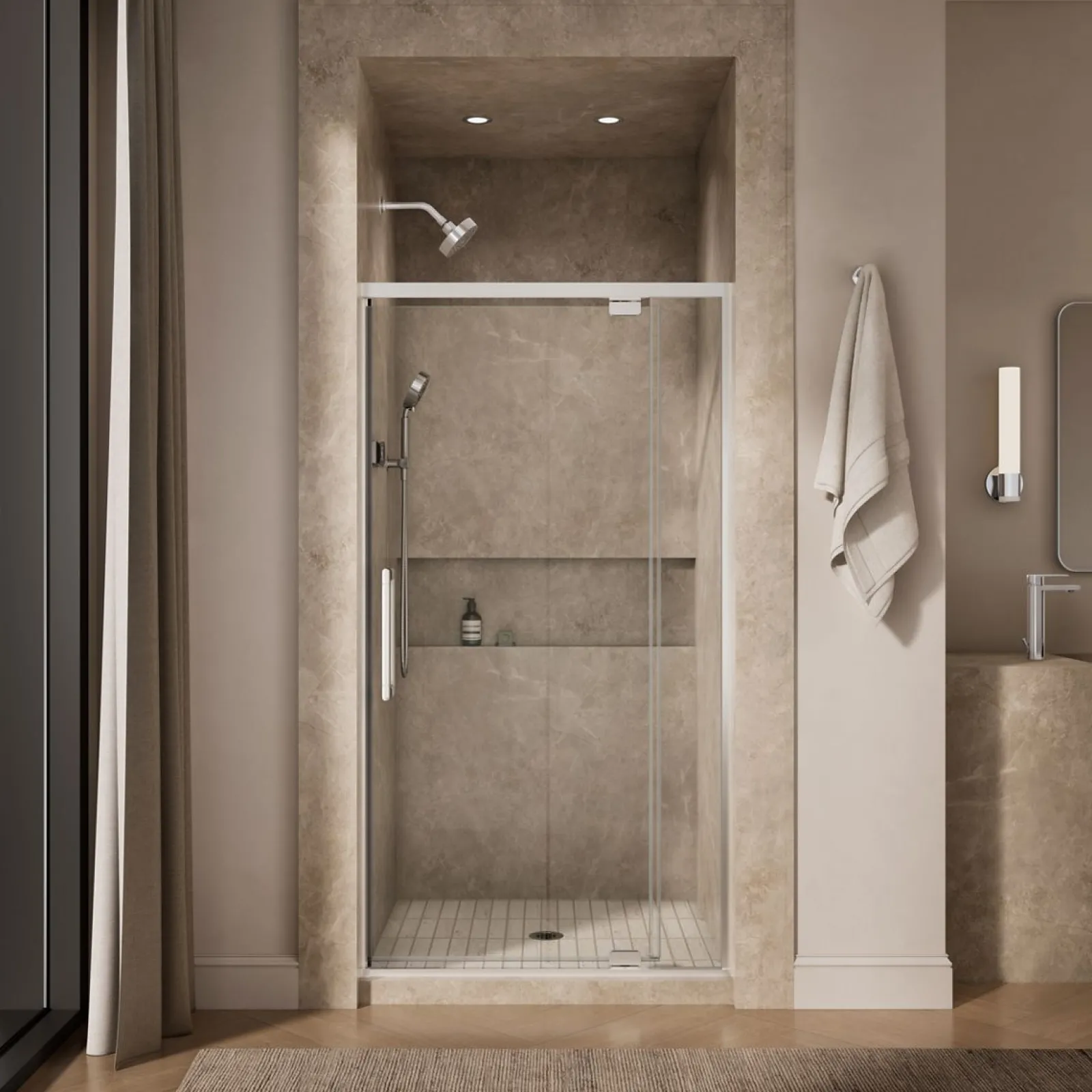 36"-42" W x 76" H pivot shower door with 5/16"-thick Crystal Clear glass^Kohler Outlet