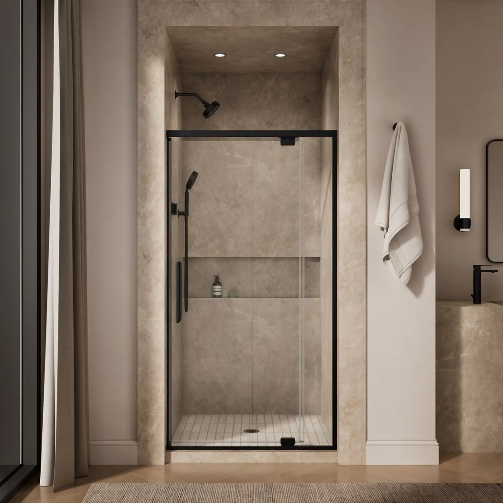 36"-42" W x 76" H pivot shower door with 5/16"-thick Crystal Clear glass^Kohler Outlet