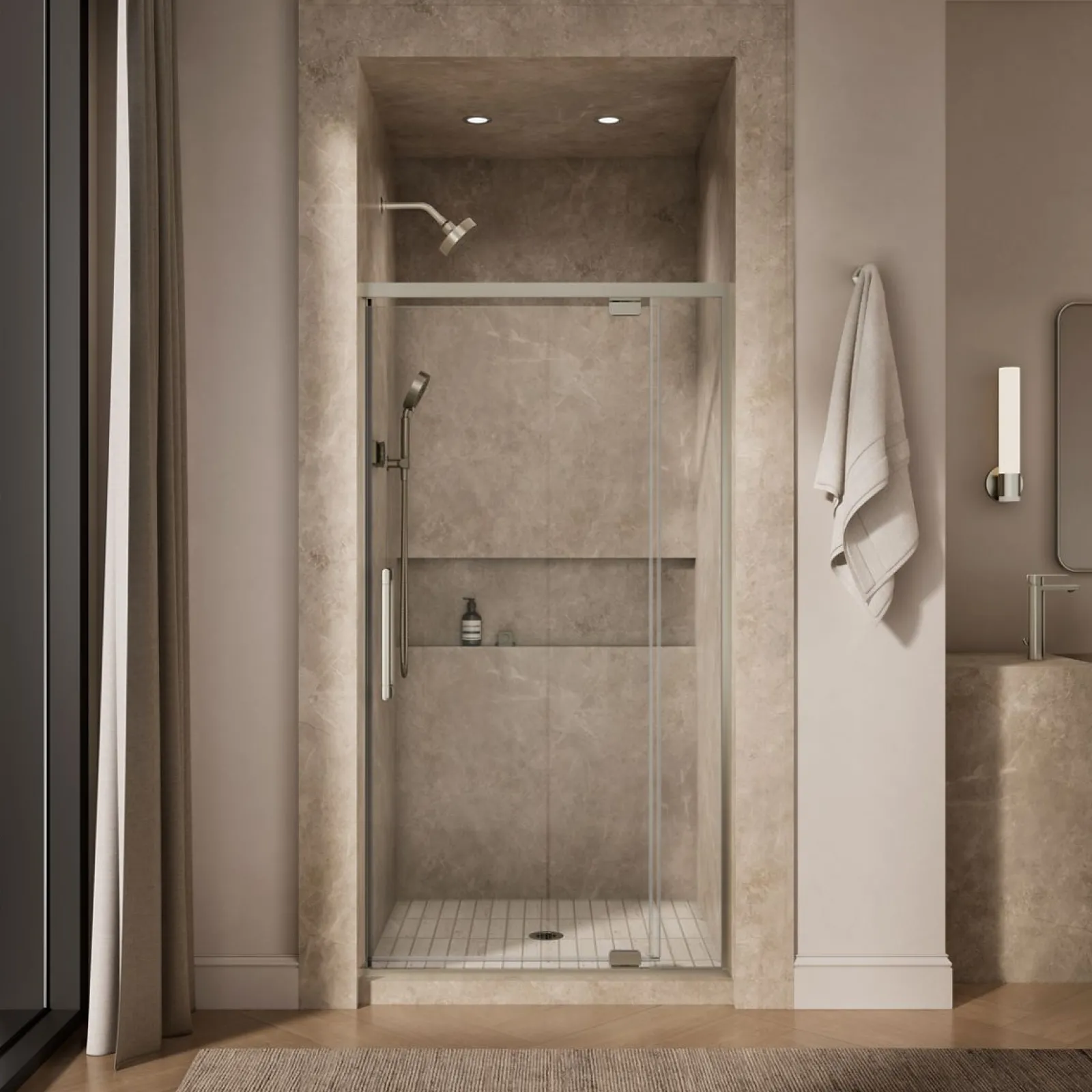 36"-42" W x 76" H pivot shower door with 5/16"-thick Crystal Clear glass^Kohler Outlet