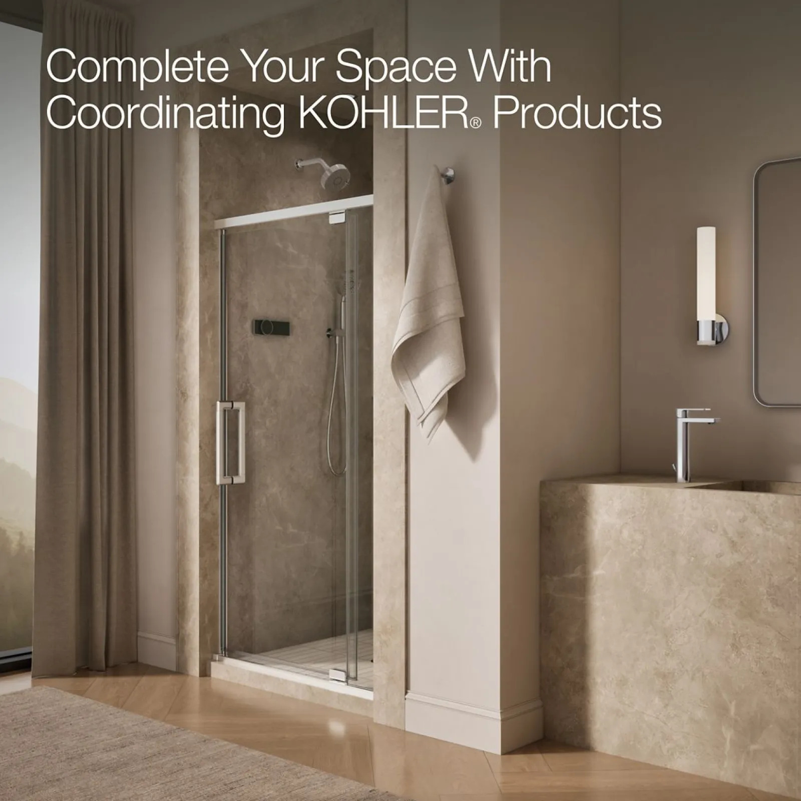 36"-42" W x 76" H pivot shower door with 5/16"-thick Crystal Clear glass^Kohler Outlet