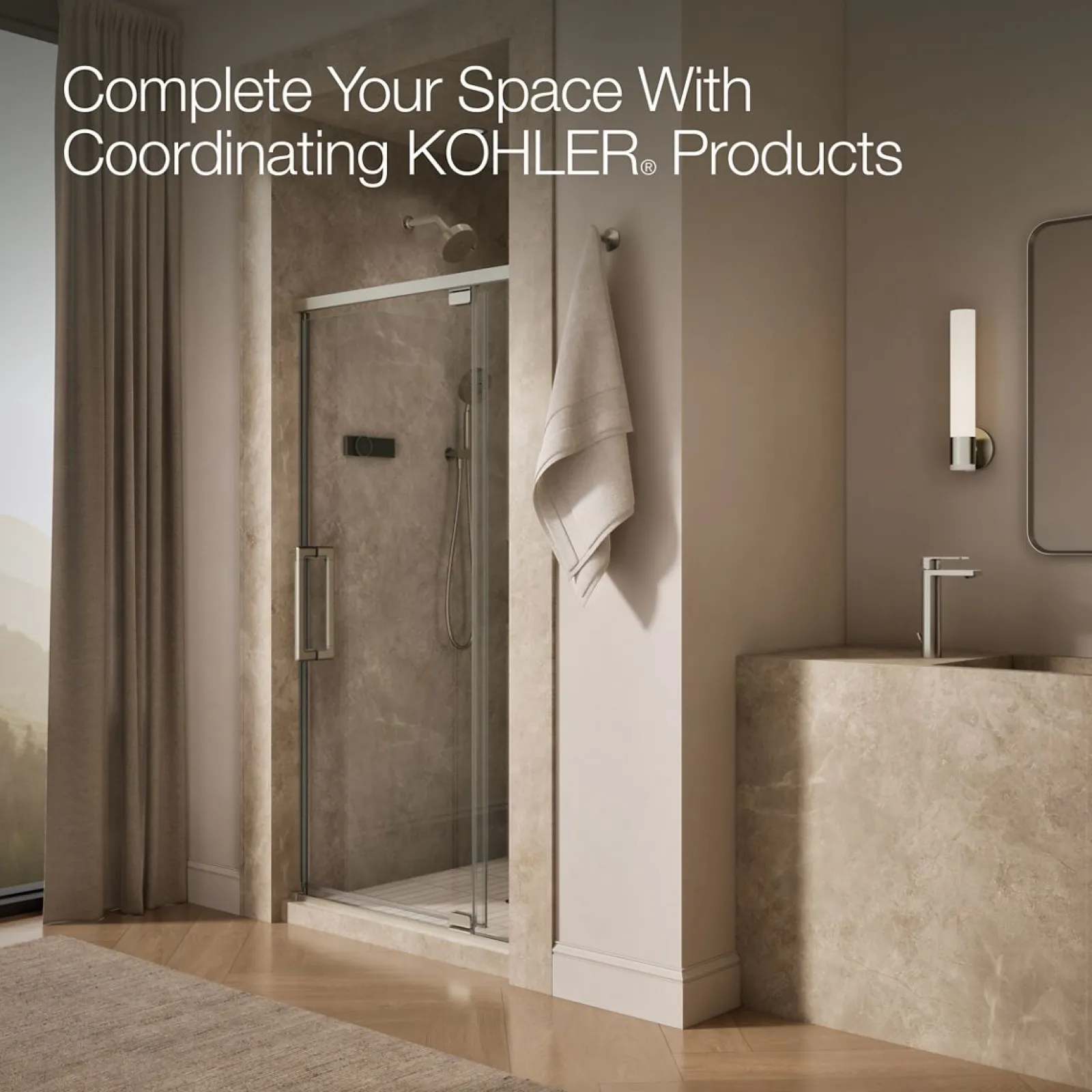 36"-42" W x 76" H pivot shower door with 5/16"-thick Crystal Clear glass^Kohler Outlet