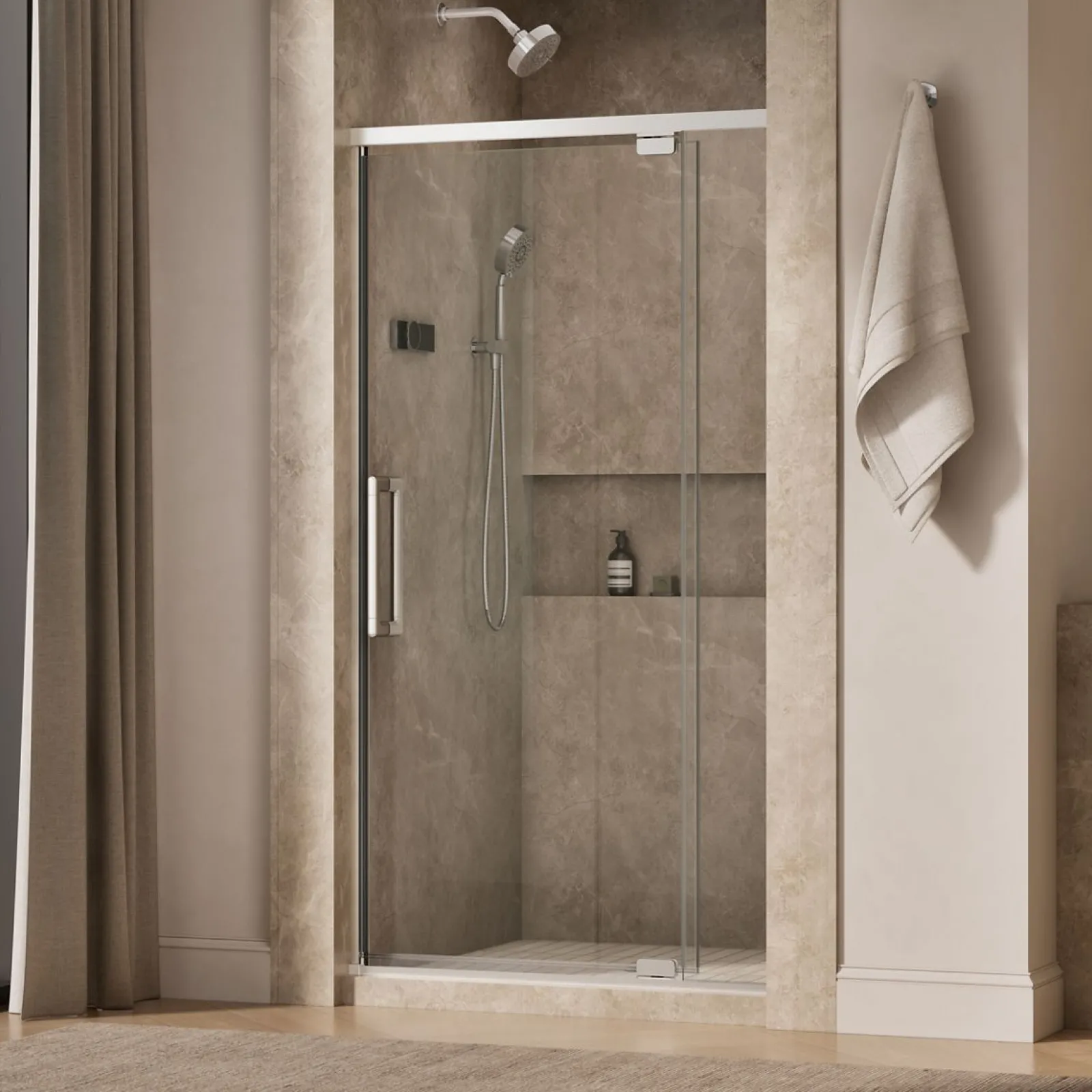 36"-42" W x 76" H pivot shower door with 5/16"-thick Crystal Clear glass^Kohler Outlet