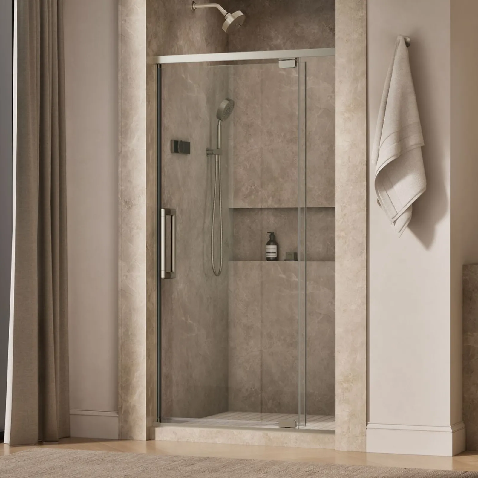 36"-42" W x 76" H pivot shower door with 5/16"-thick Crystal Clear glass^Kohler Outlet