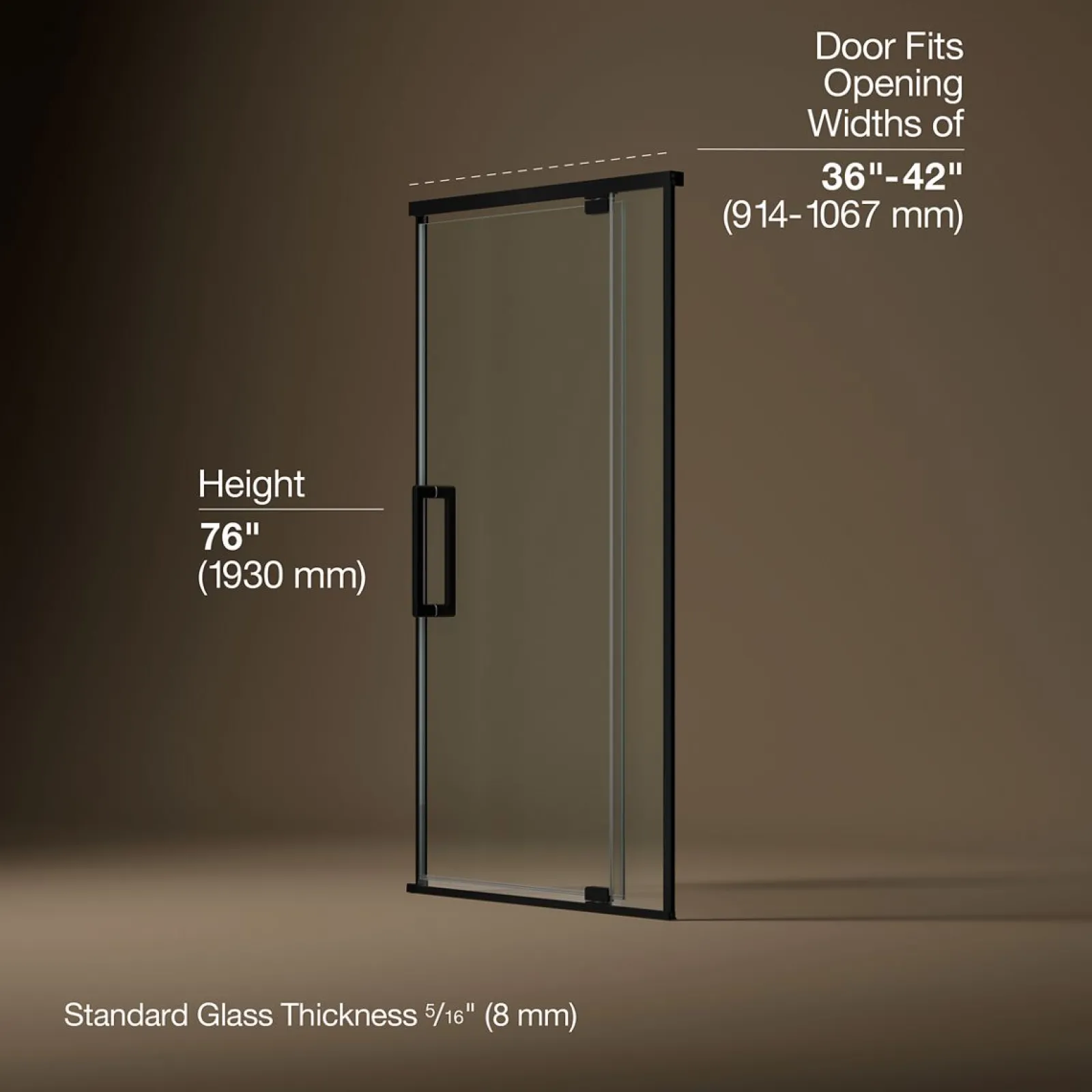 36"-42" W x 76" H pivot shower door with 5/16"-thick Crystal Clear glass^Kohler Outlet
