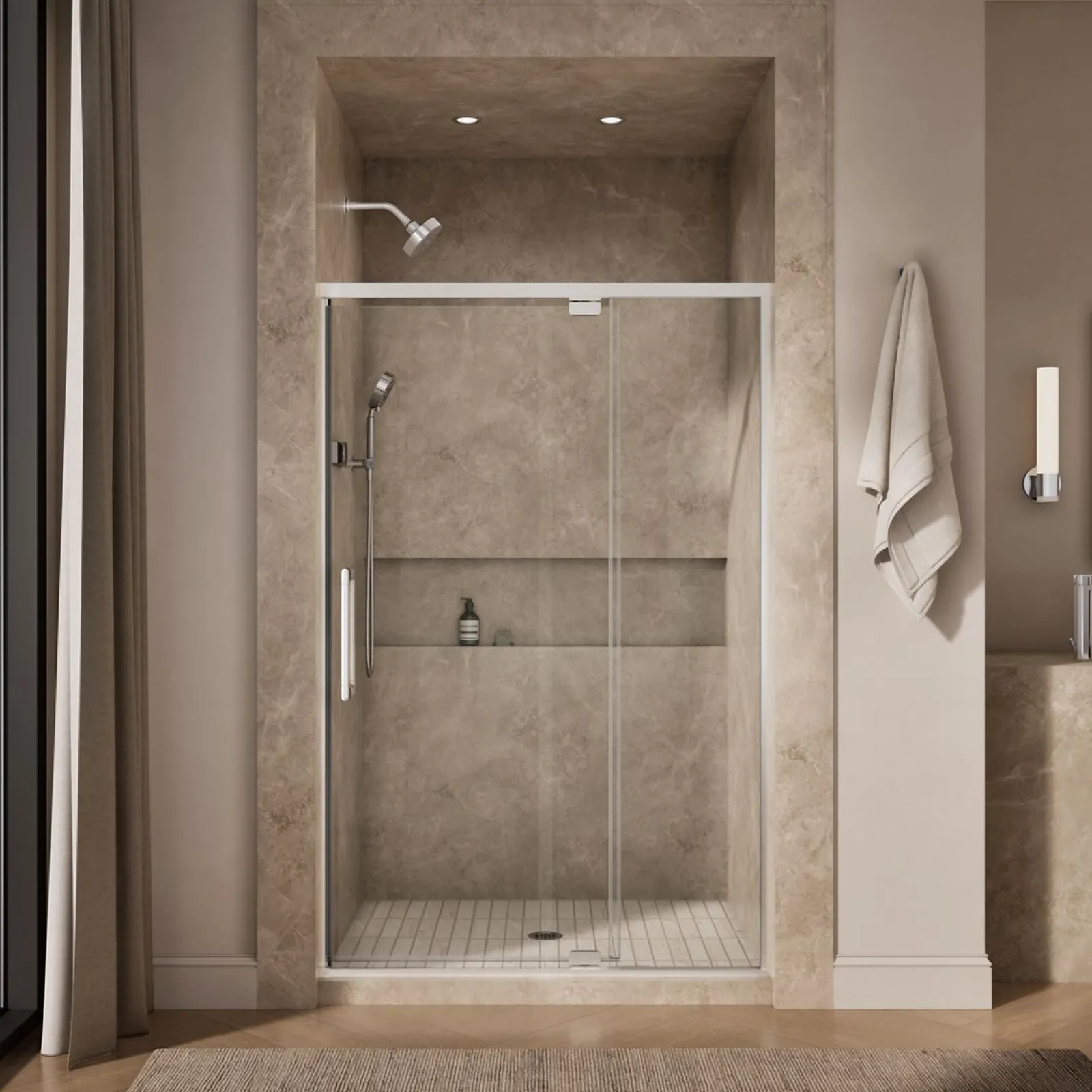48"-54" W x 76" H pivot shower door with 5/16"-thick Crystal Clear glass^Kohler