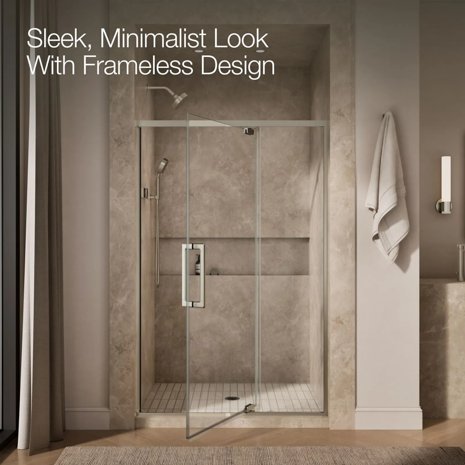 48"-54" W x 76" H pivot shower door with 5/16"-thick Crystal Clear glass^Kohler