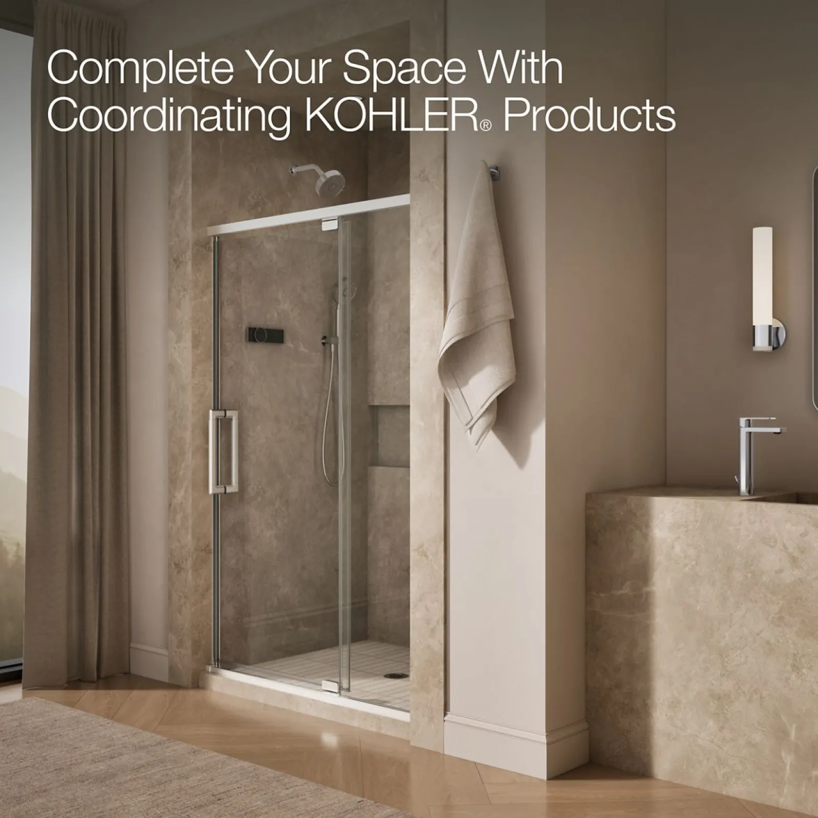 48"-54" W x 76" H pivot shower door with 5/16"-thick Crystal Clear glass^Kohler