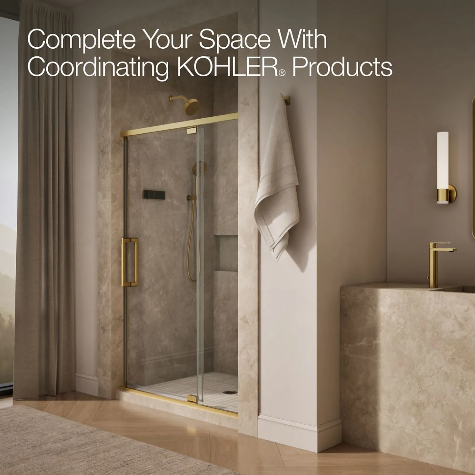 48"-54" W x 76" H pivot shower door with 5/16"-thick Crystal Clear glass^Kohler