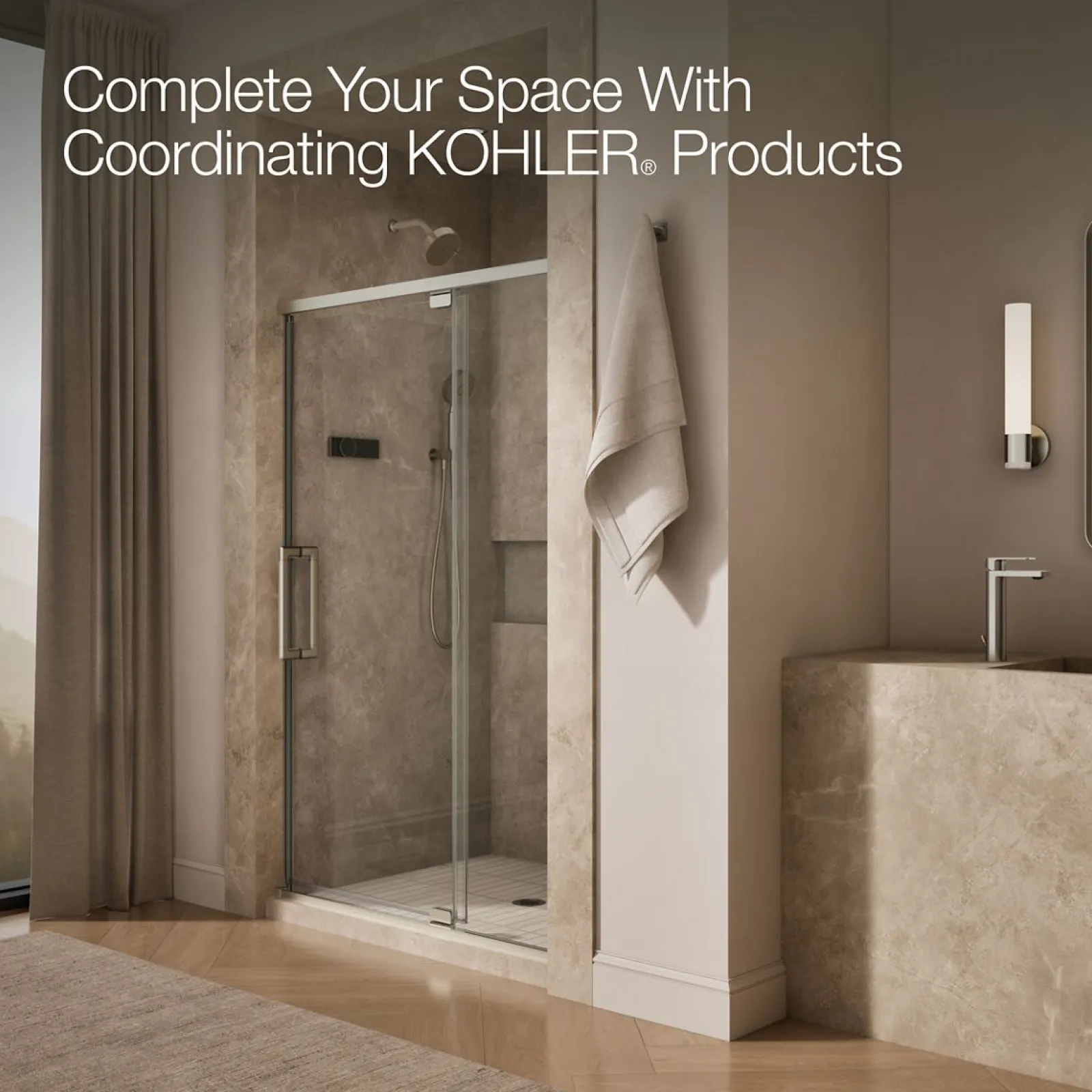 48"-54" W x 76" H pivot shower door with 5/16"-thick Crystal Clear glass^Kohler