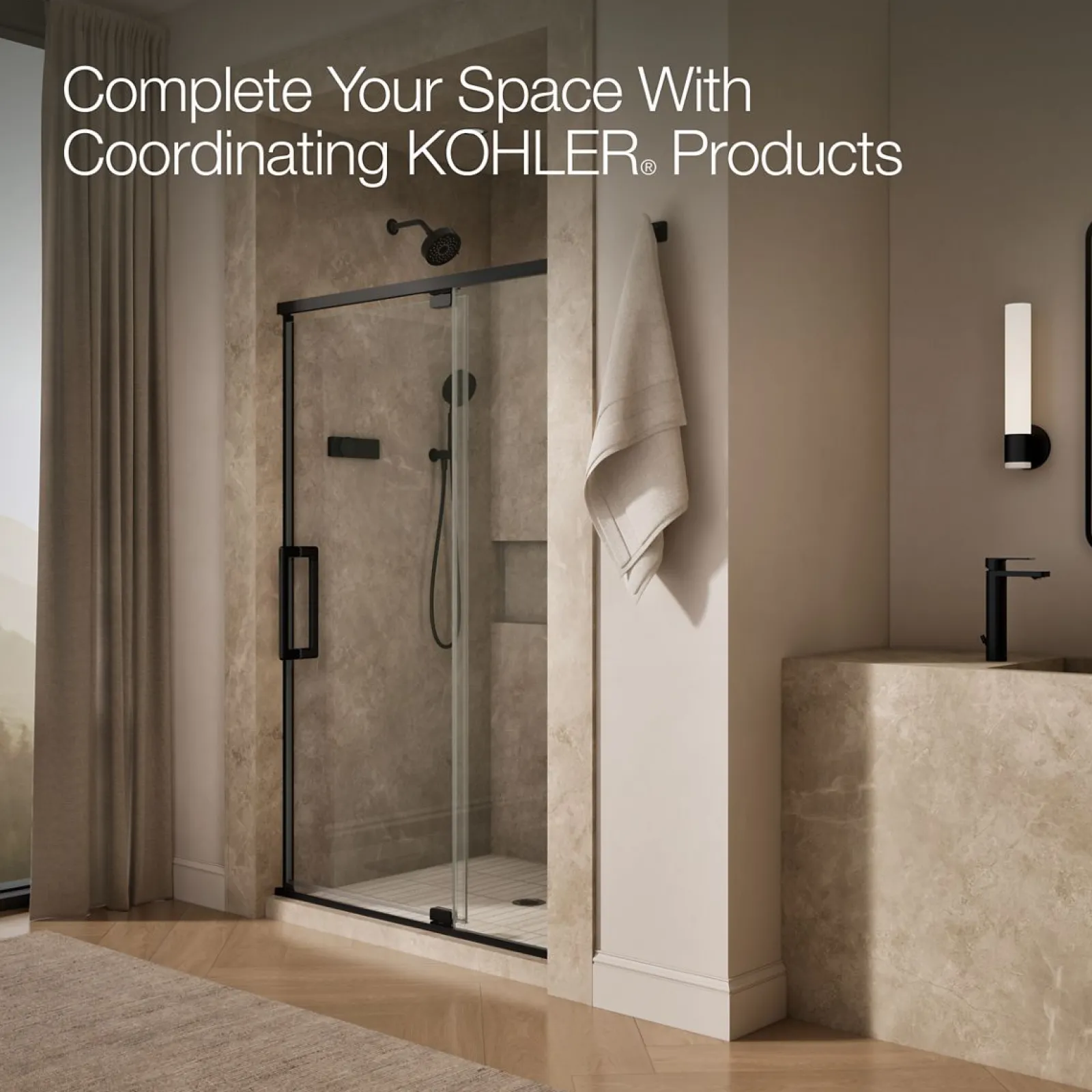 48"-54" W x 76" H pivot shower door with 5/16"-thick Crystal Clear glass^Kohler