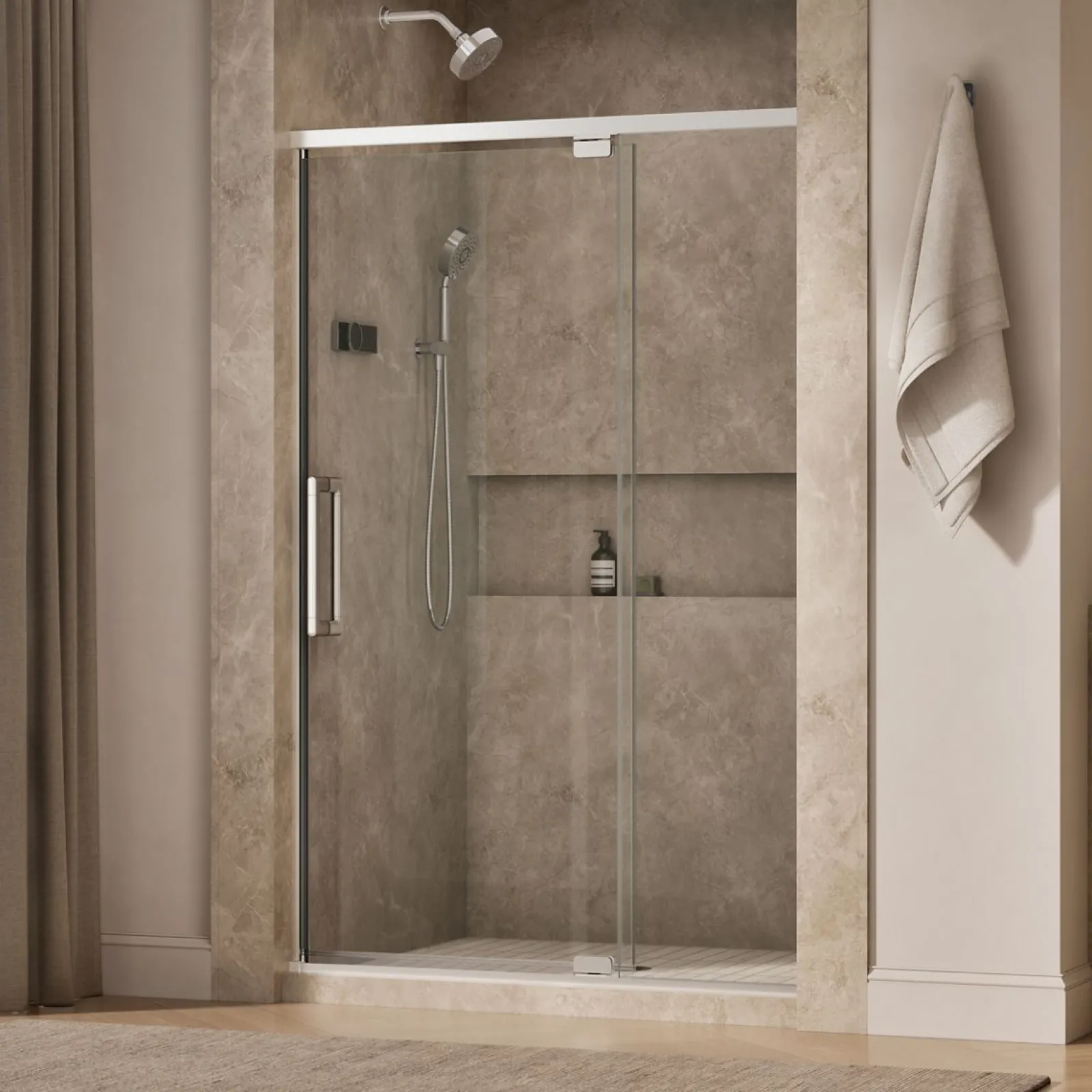 48"-54" W x 76" H pivot shower door with 5/16"-thick Crystal Clear glass^Kohler