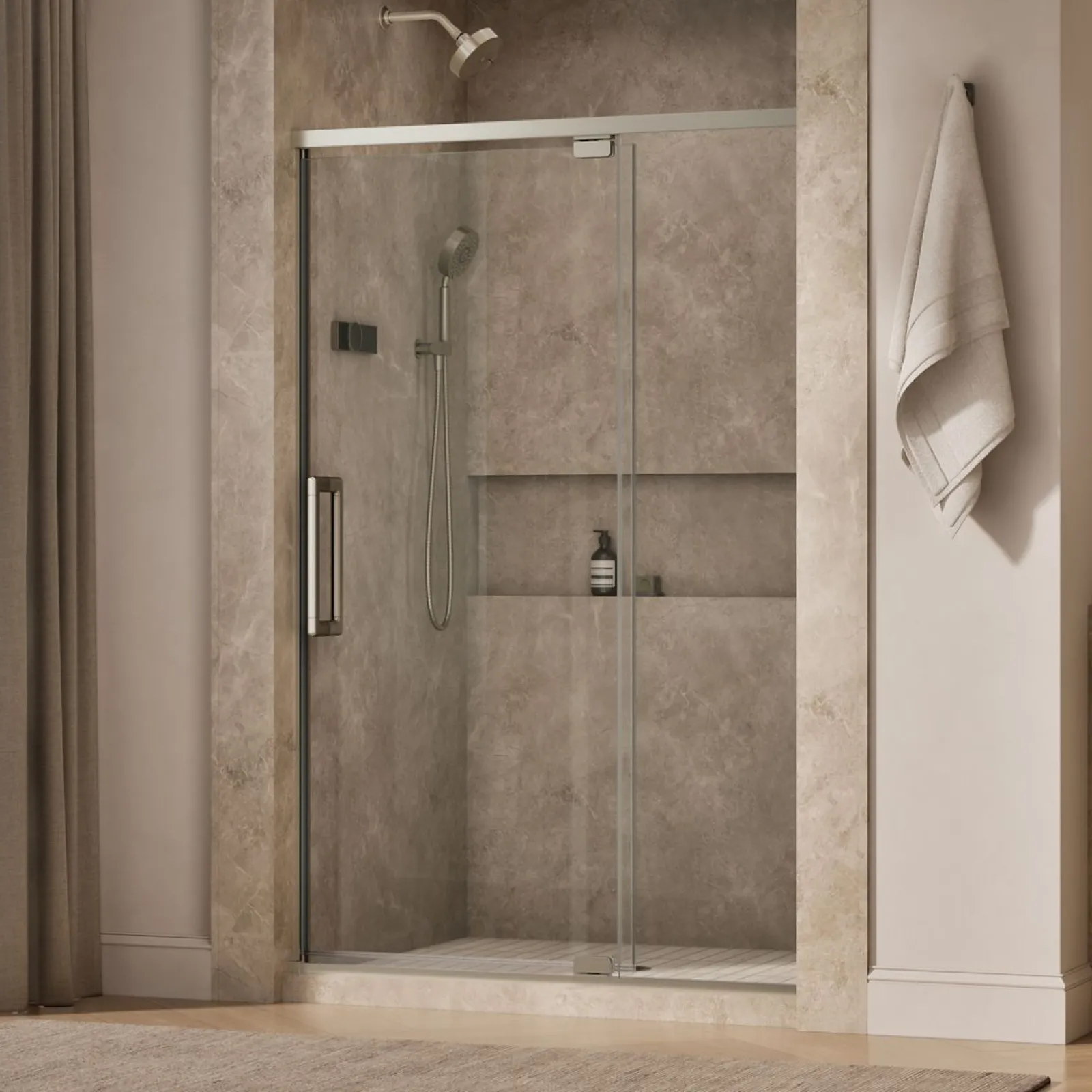 48"-54" W x 76" H pivot shower door with 5/16"-thick Crystal Clear glass^Kohler