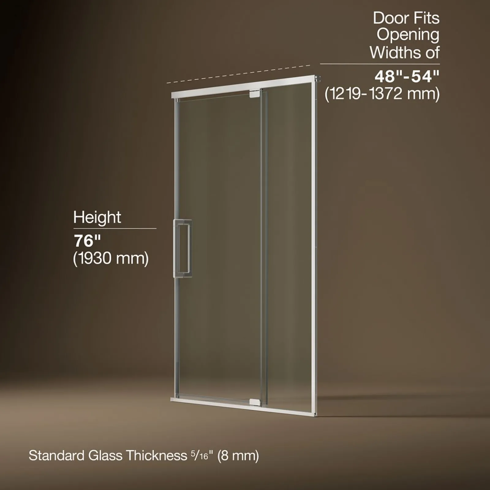 48"-54" W x 76" H pivot shower door with 5/16"-thick Crystal Clear glass^Kohler