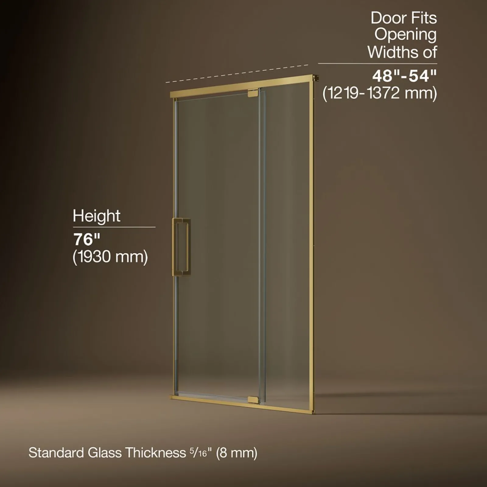 48"-54" W x 76" H pivot shower door with 5/16"-thick Crystal Clear glass^Kohler