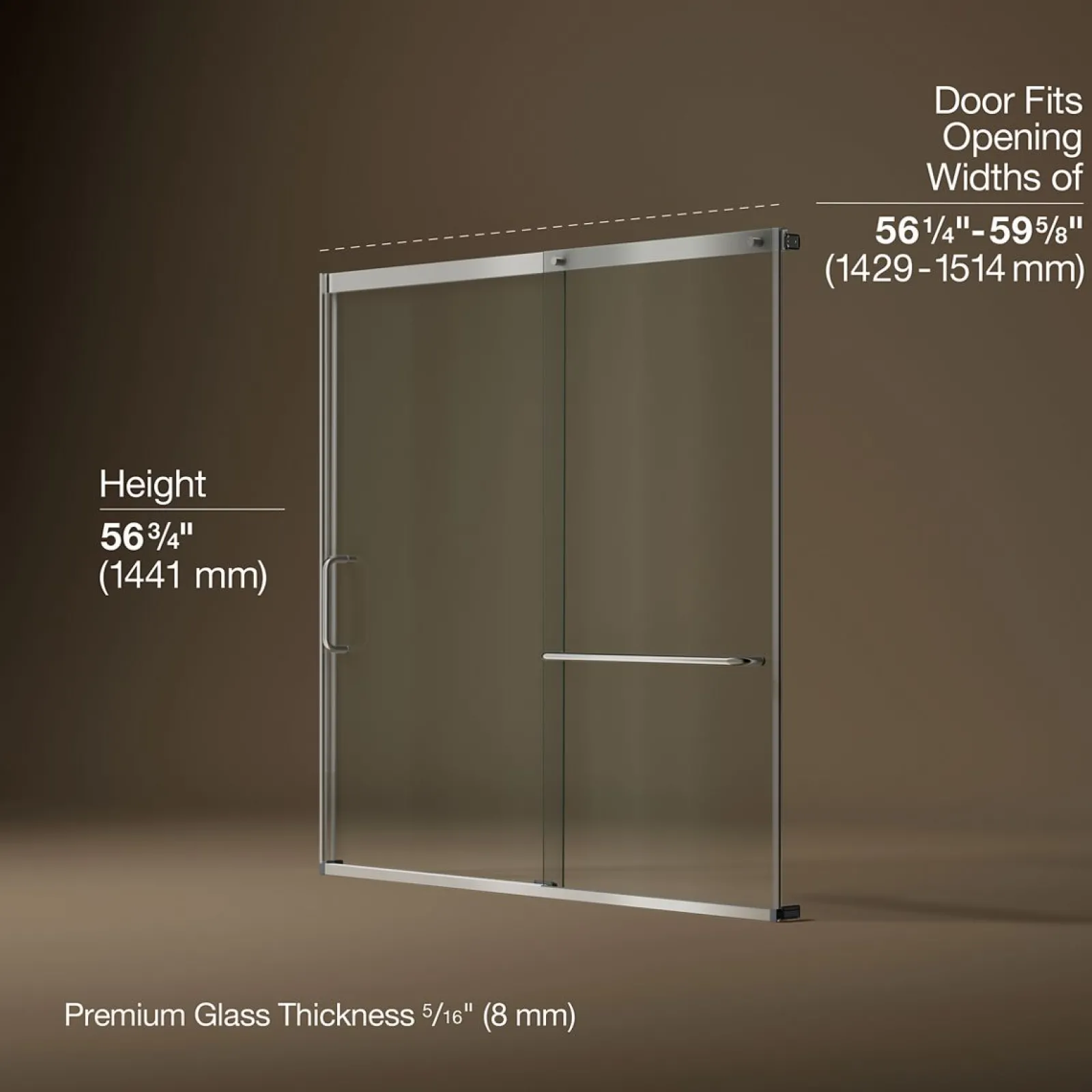 56-1/4"-59-5/8" W x 56-3/4" H sliding bath door with 5/16"-thick Crystal Clear glass^Kohler Best