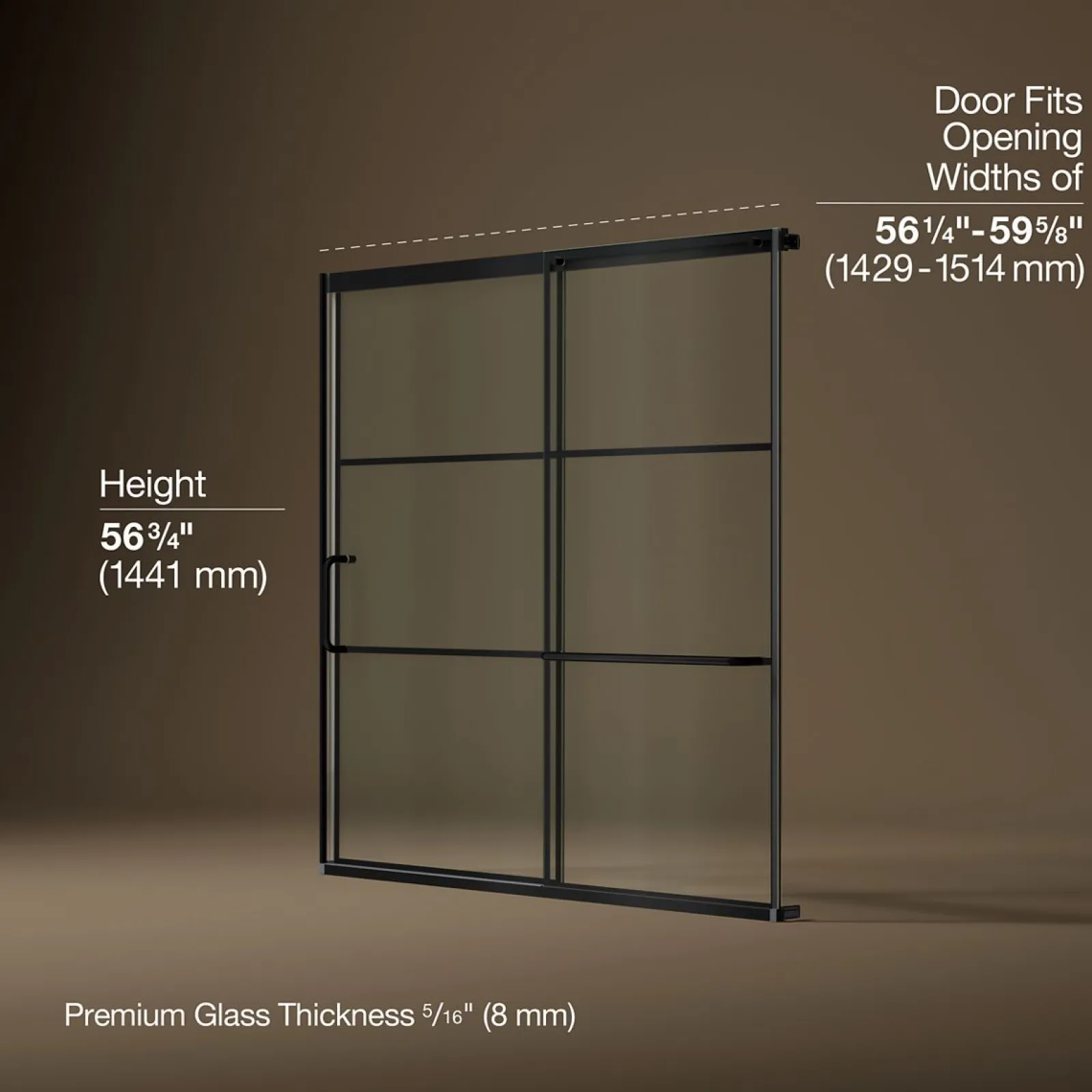 56-1/4"-59-5/8" W x 56-3/4" H sliding bath door with 5/16"-thick Crystal Clear glass^Kohler Discount