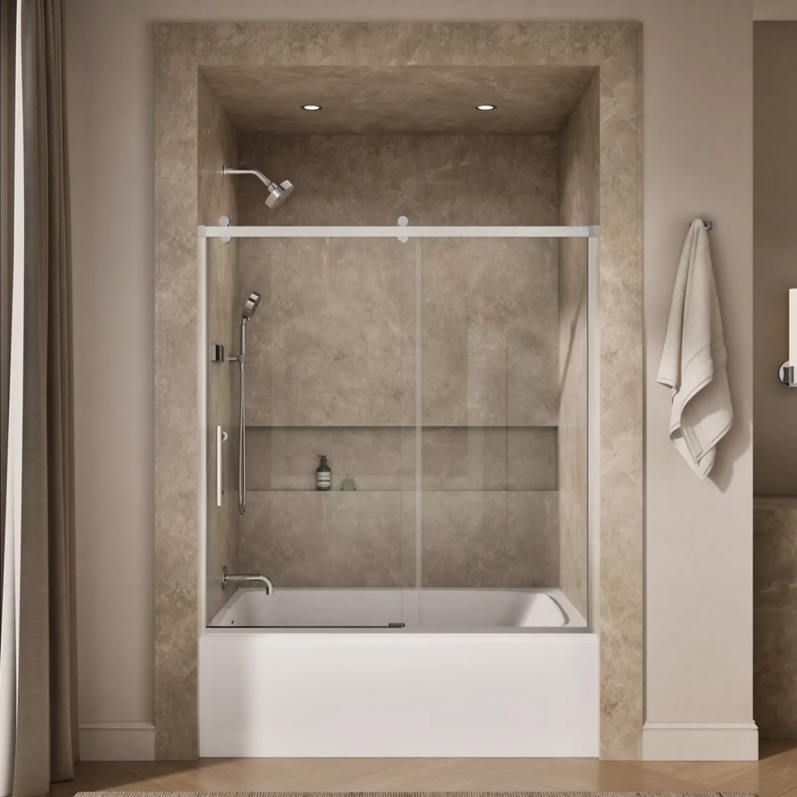 56-5/8"-59-5/8" W x 62-1/2" H sliding bath door with 3/8"-thick Crystal Clear glass^Kohler Online