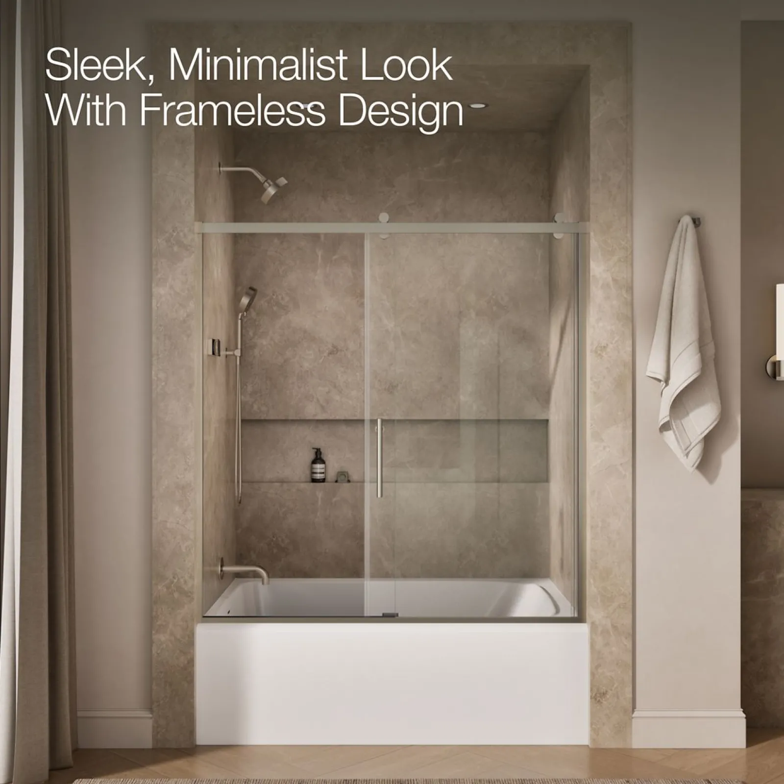 56-5/8"-59-5/8" W x 62-1/2" H sliding bath door with 3/8"-thick Crystal Clear glass^Kohler Online
