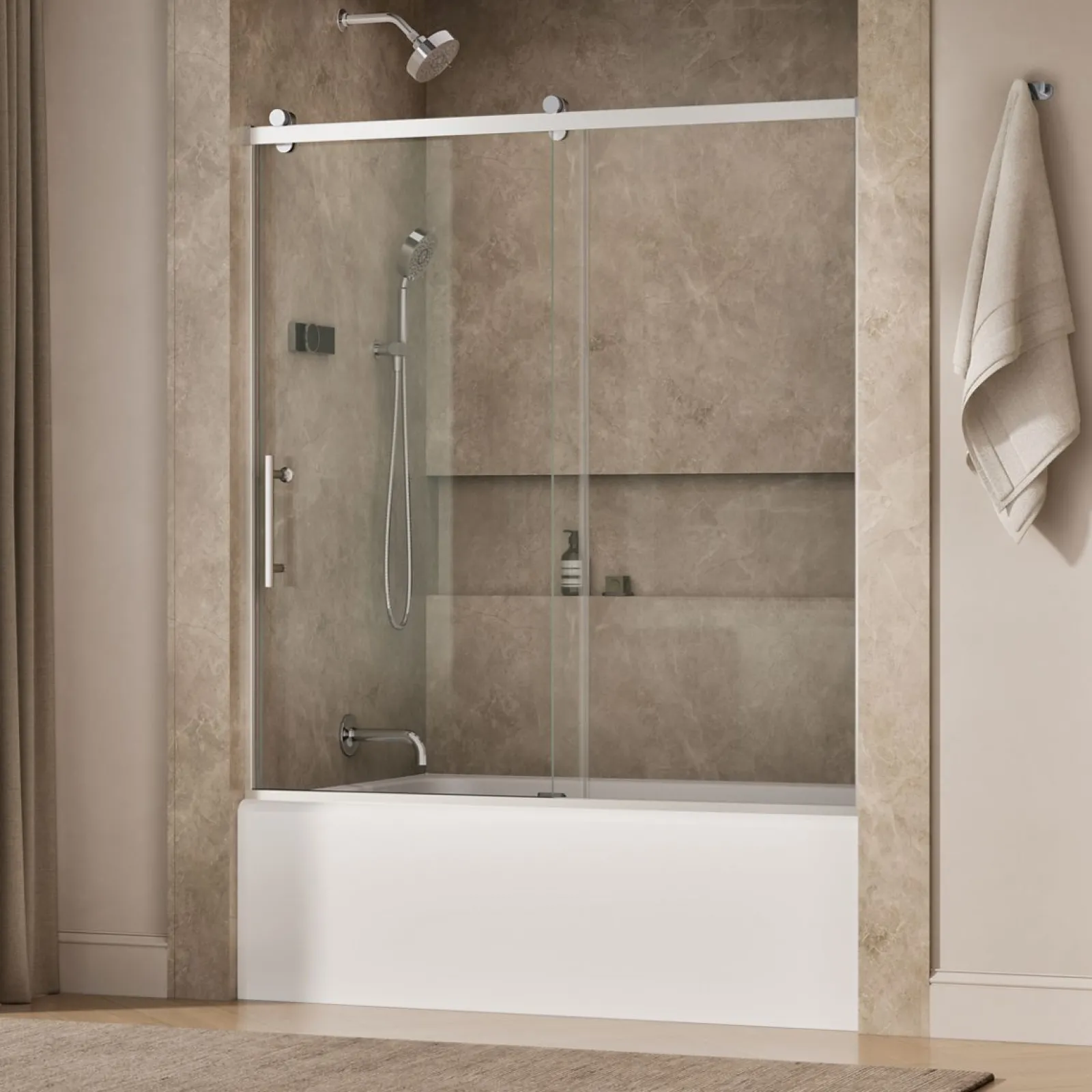 56-5/8"-59-5/8" W x 62-1/2" H sliding bath door with 3/8"-thick Crystal Clear glass^Kohler Online