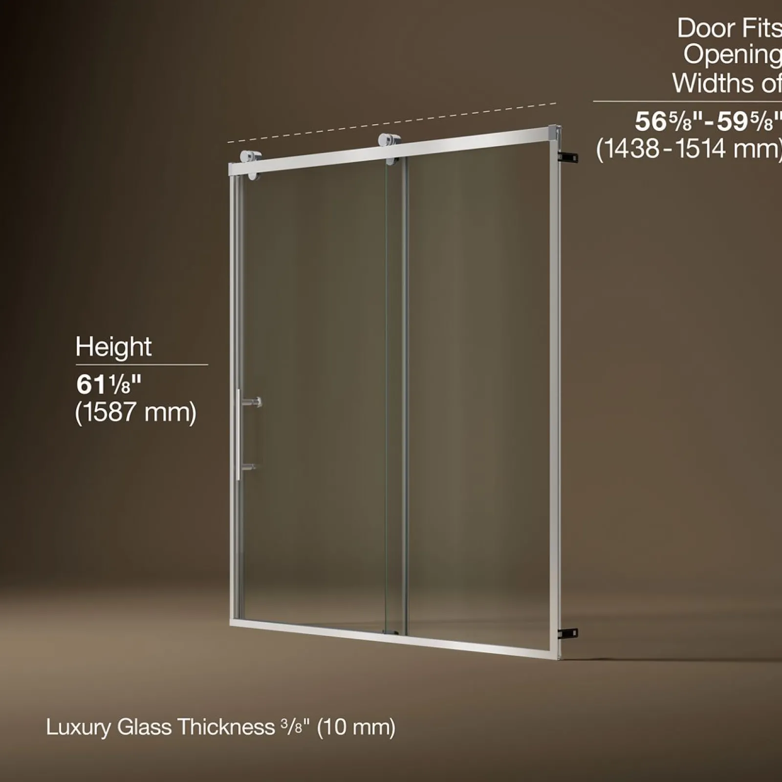56-5/8"-59-5/8" W x 62-1/2" H sliding bath door with 3/8"-thick Crystal Clear glass^Kohler Online