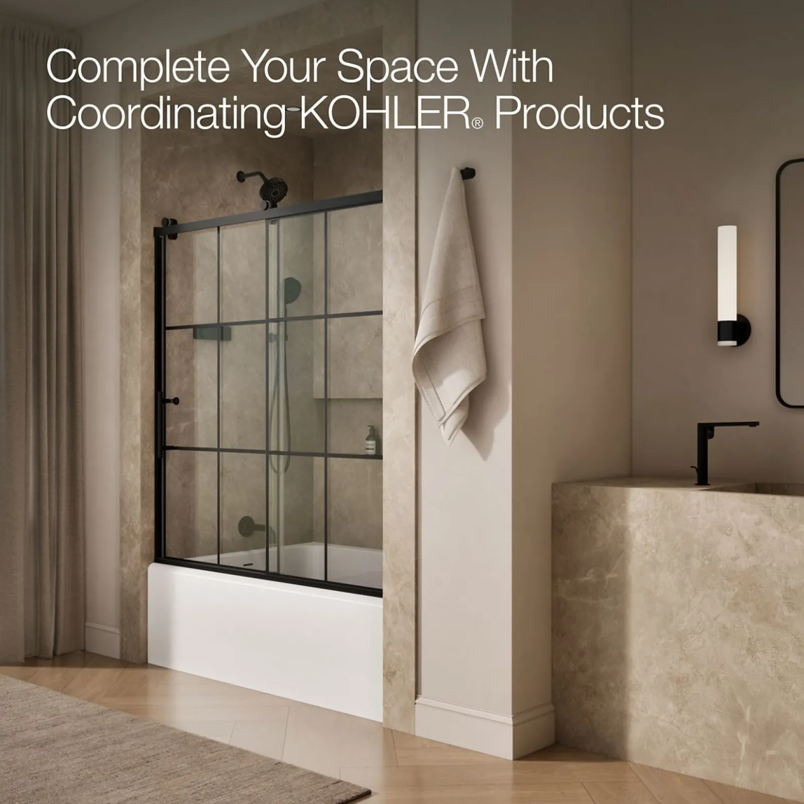 56-5/8"-59-5/8" W x 62-1/2" H sliding bath door with 3/8"-thick Crystal Clear glass^Kohler Best