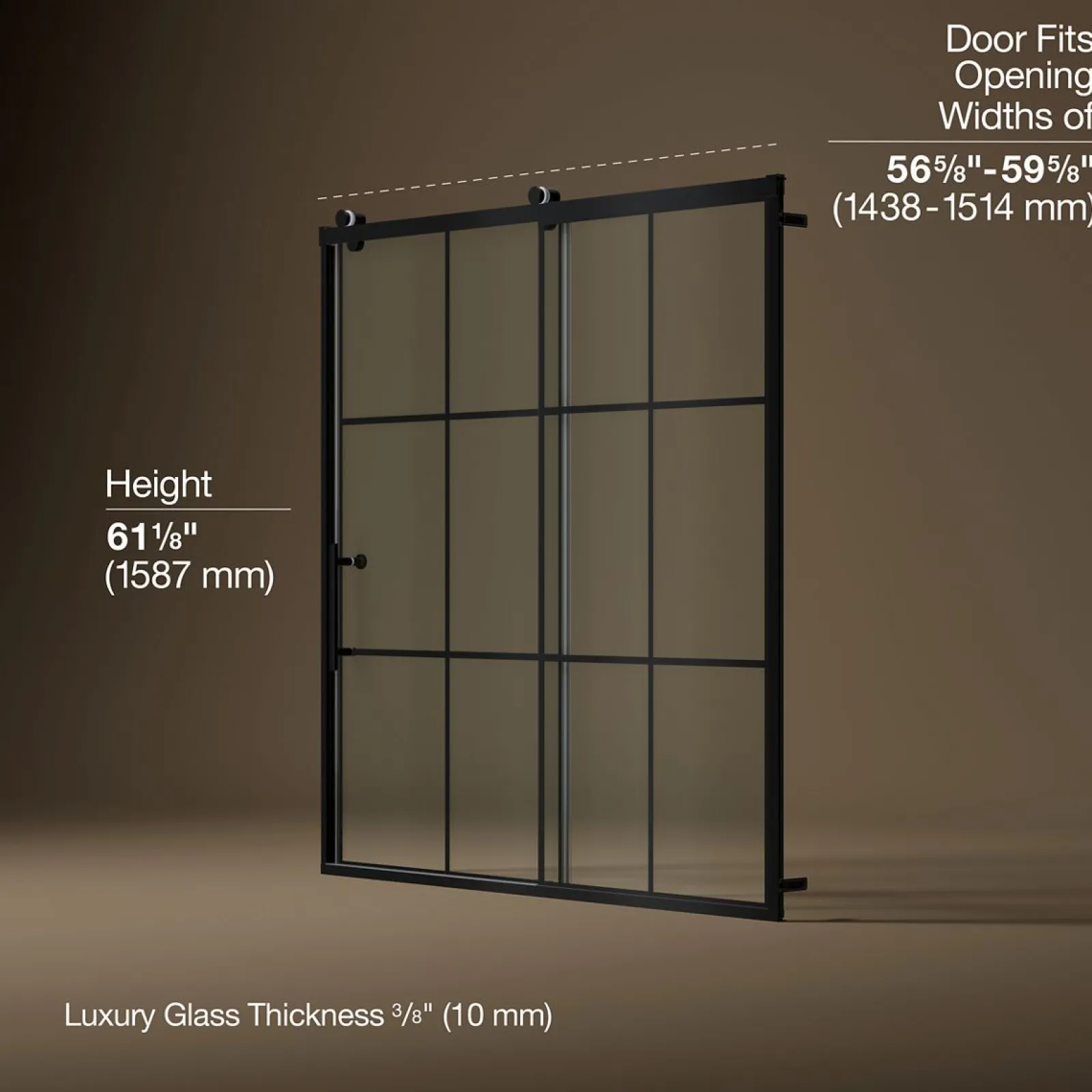 56-5/8"-59-5/8" W x 62-1/2" H sliding bath door with 3/8"-thick Crystal Clear glass^Kohler Best