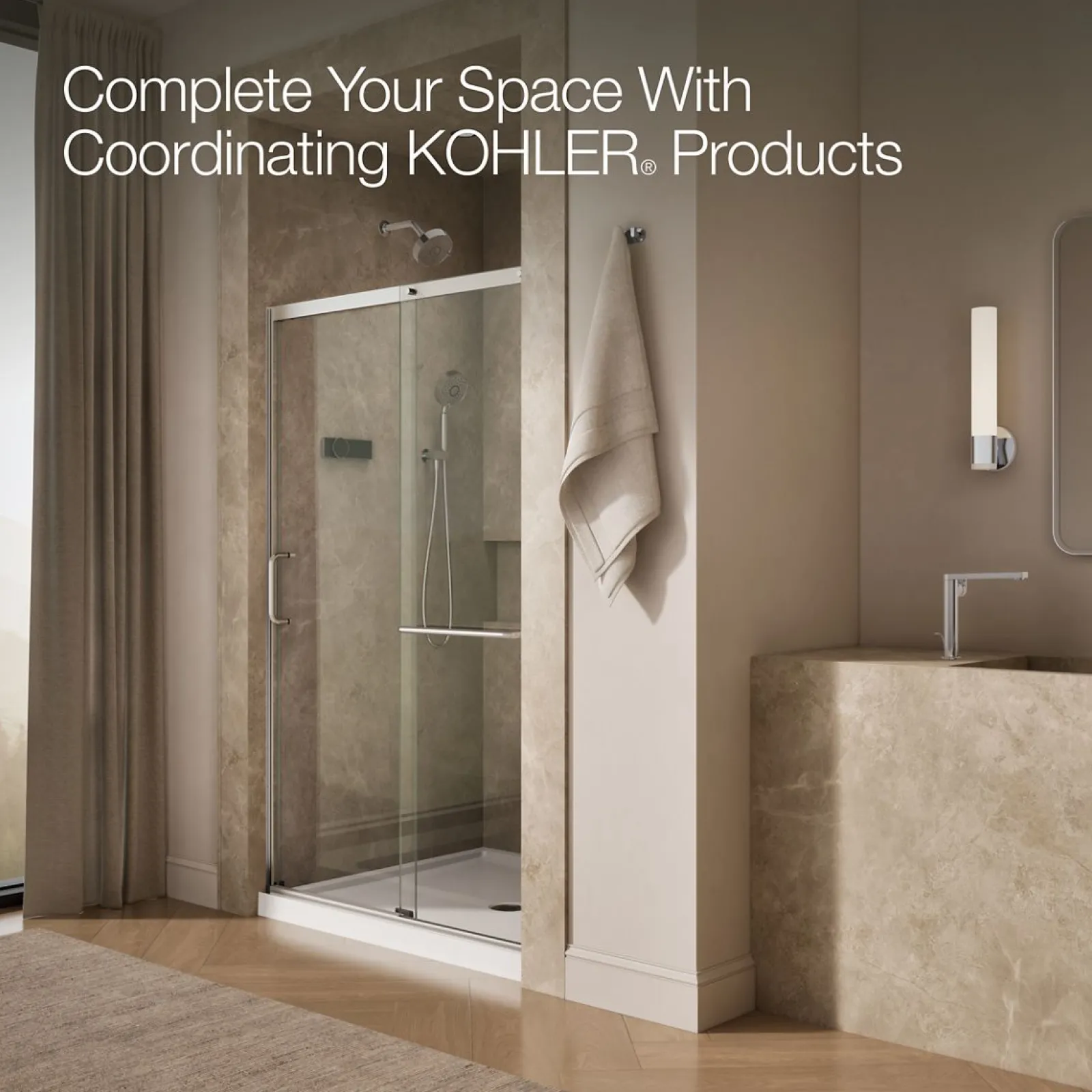44-1/4"-47-5/8" W x 75-1/2" H sliding shower door with 5/16"-thick Crystal Clear glass^Kohler